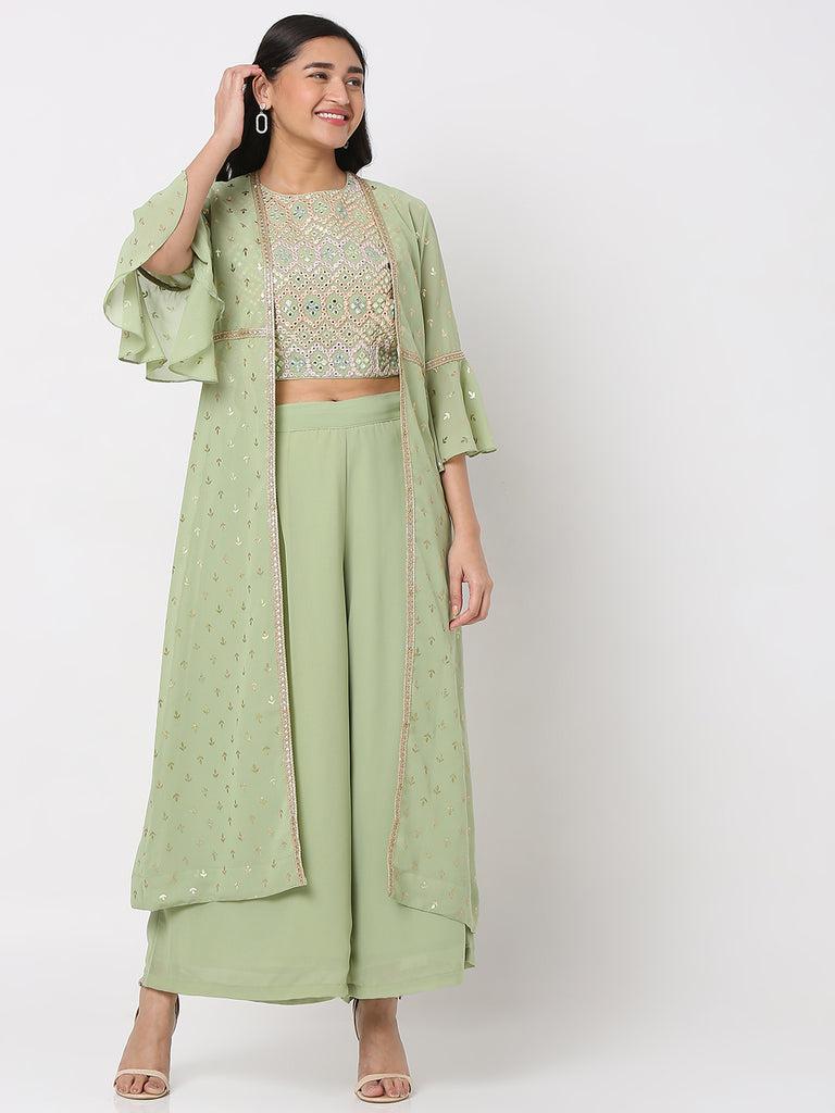 women's pista green polyester georgette embellished cape set