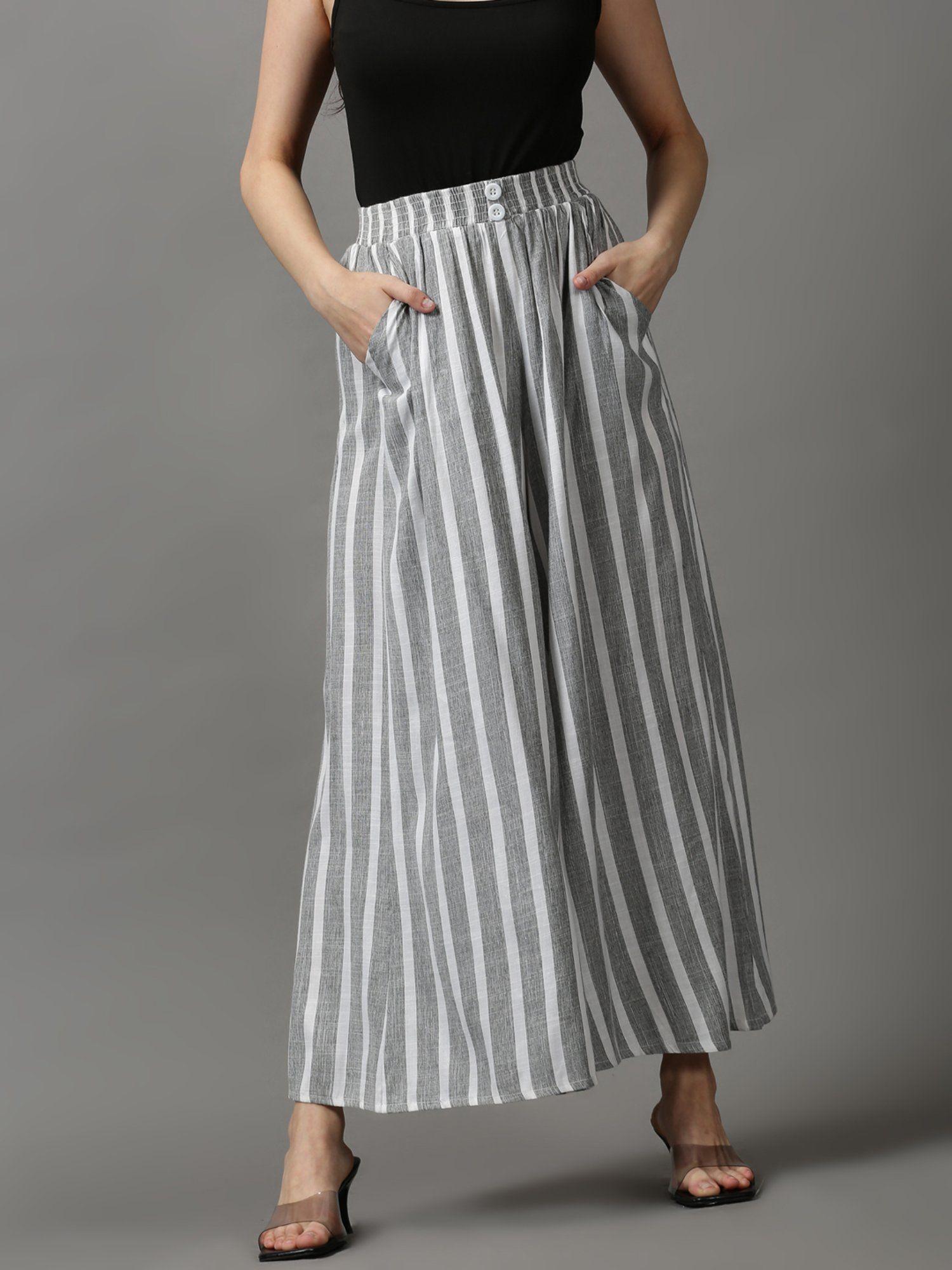 women's pleated striped grey flared cotton trousers