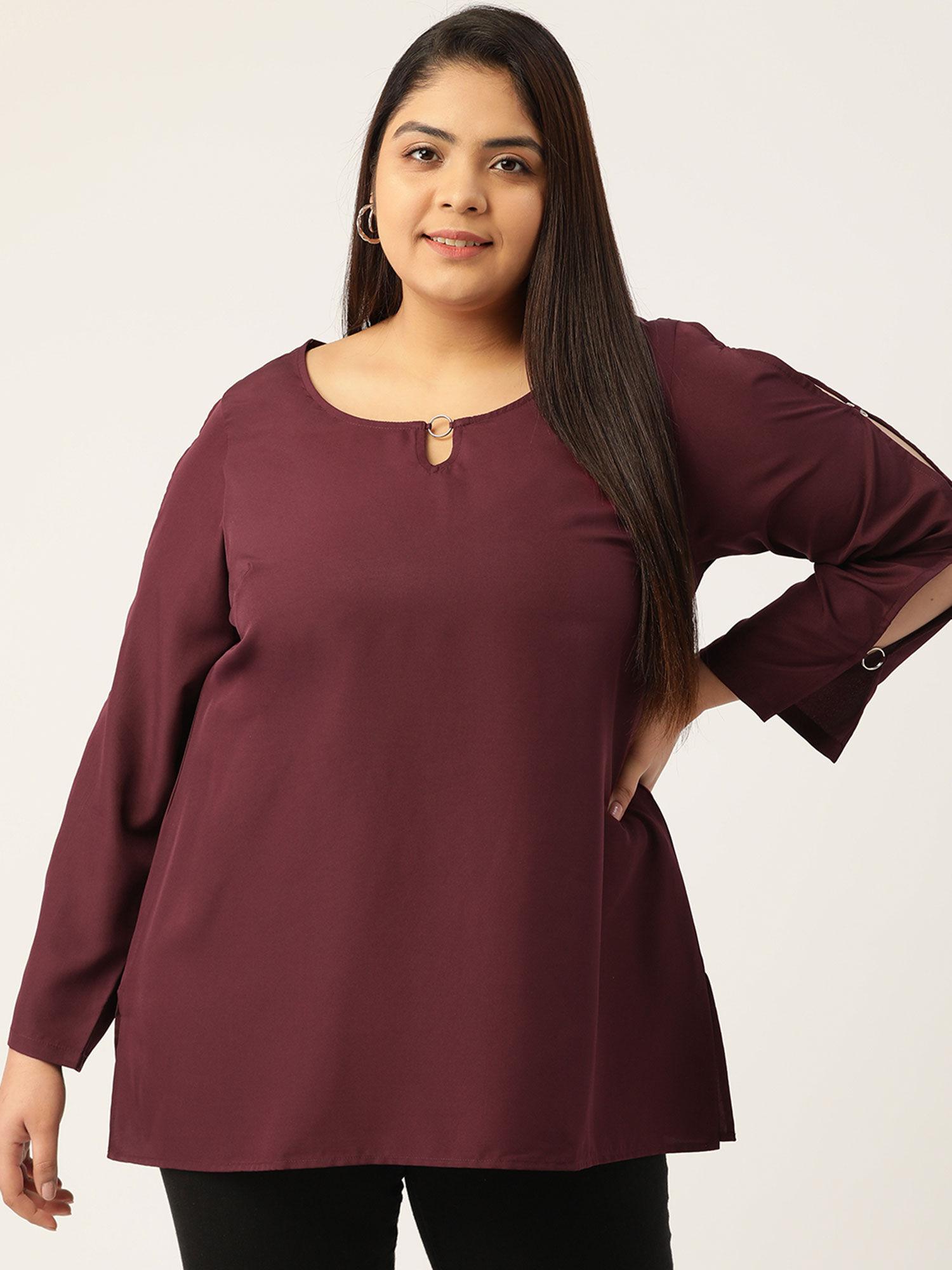 women's plum solid color keyhole neck top