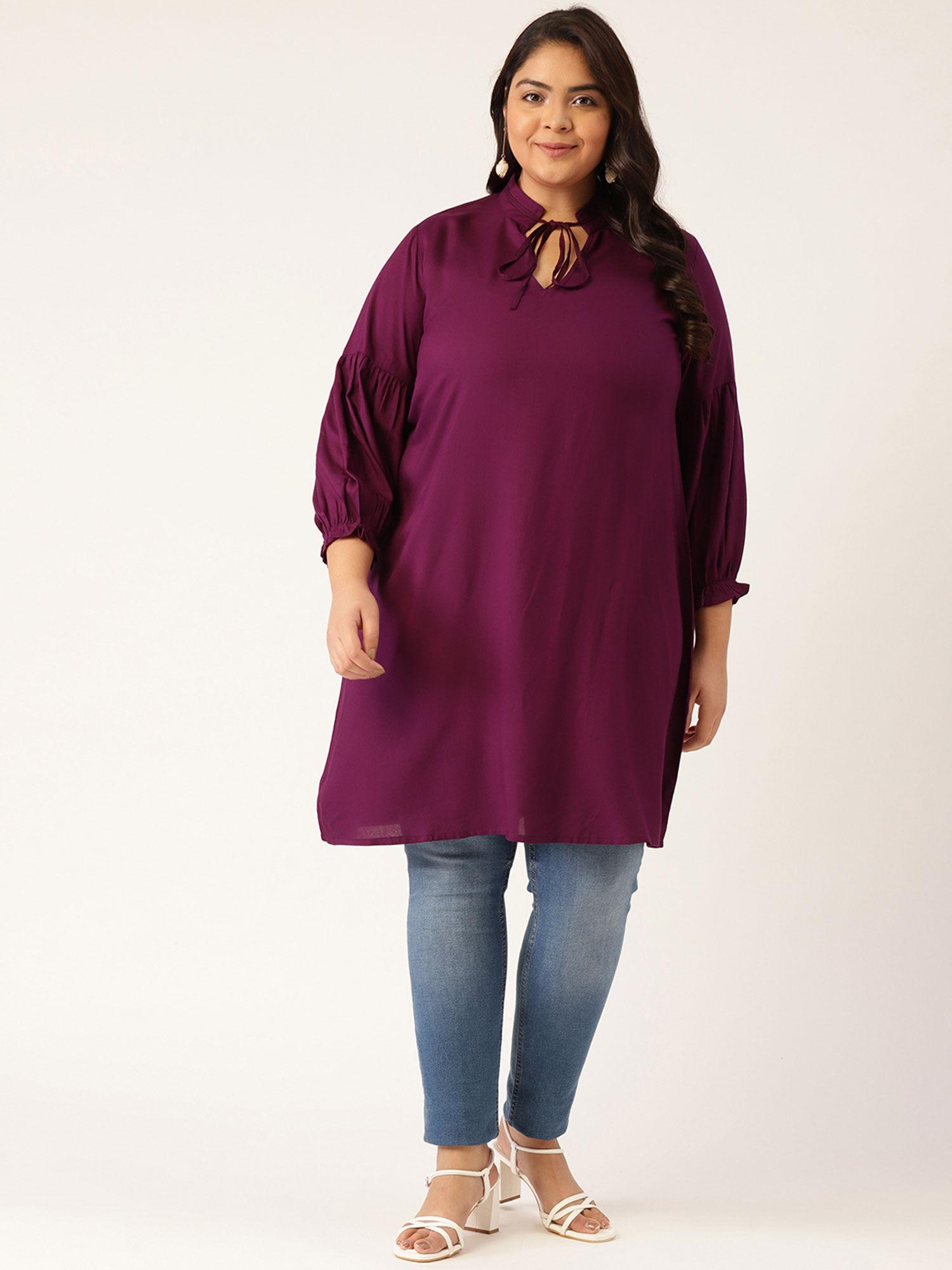 women's plum solid color notch neck tunic