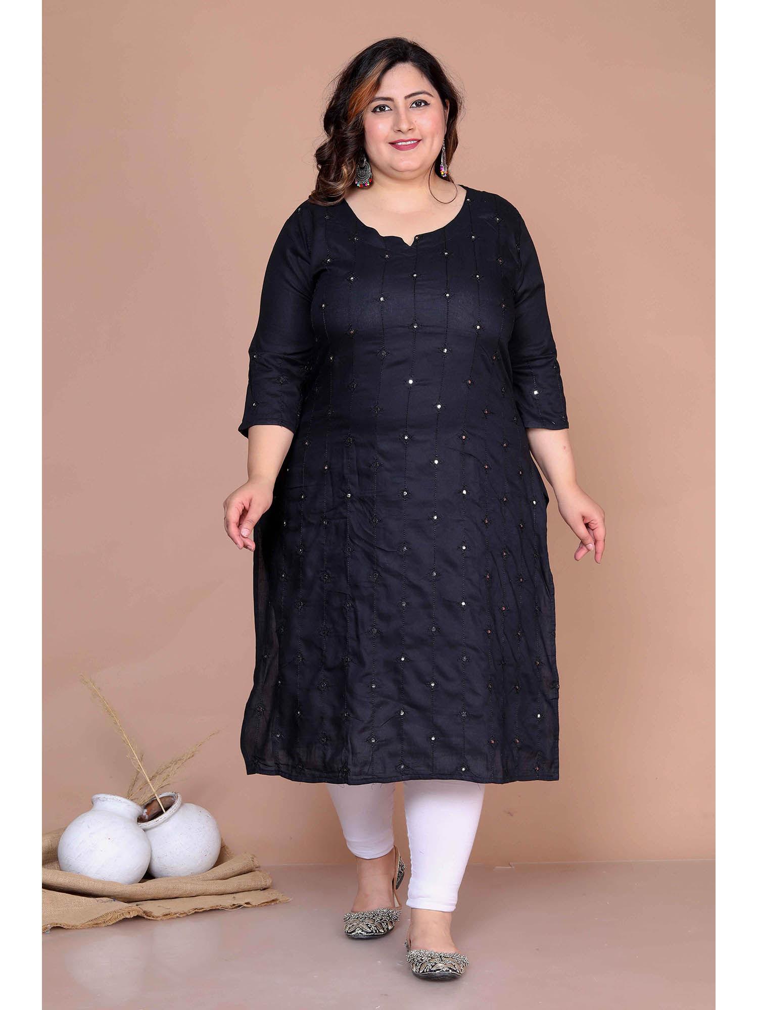 women's plus size black mirror work embroidered pakistani straight kurta