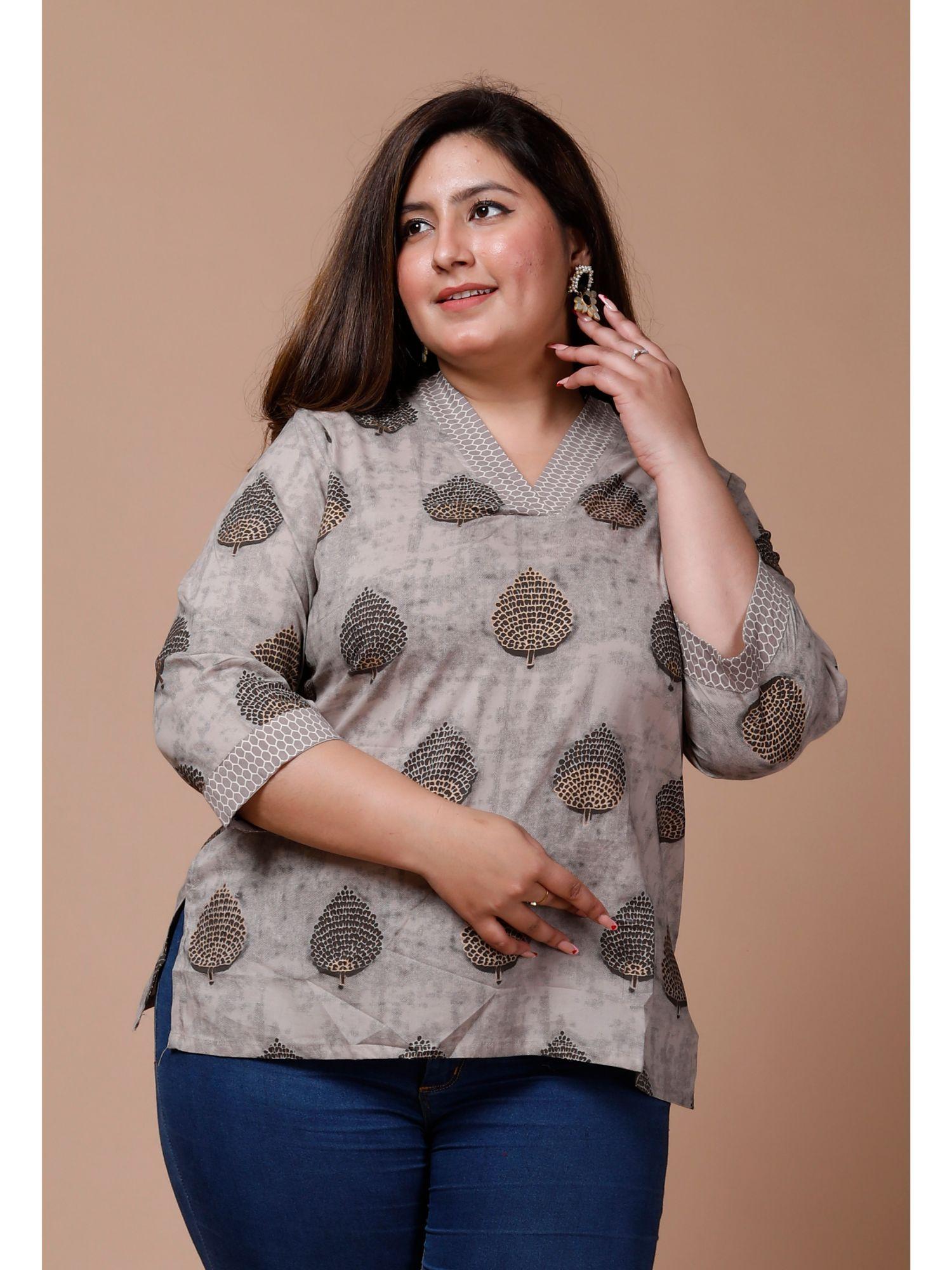 women's plus size floral printed beige pure cotton top