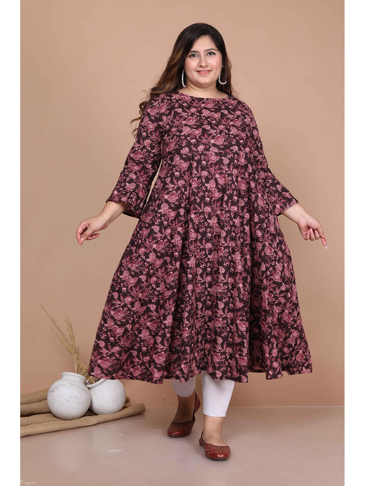 women's plus size stunning black colored bell sleeve floral printed anarkali kurta