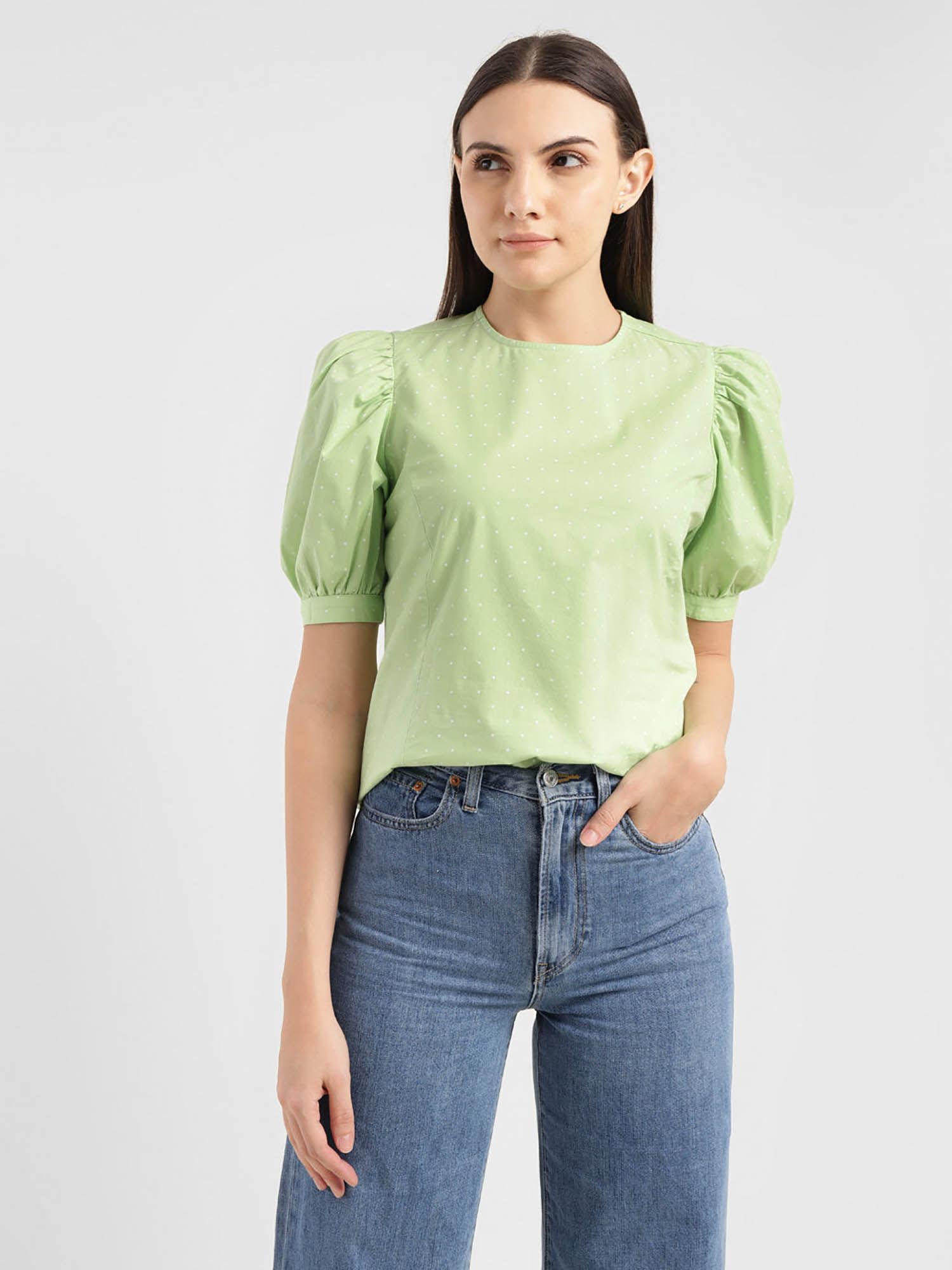 women's polka dot green round neck top