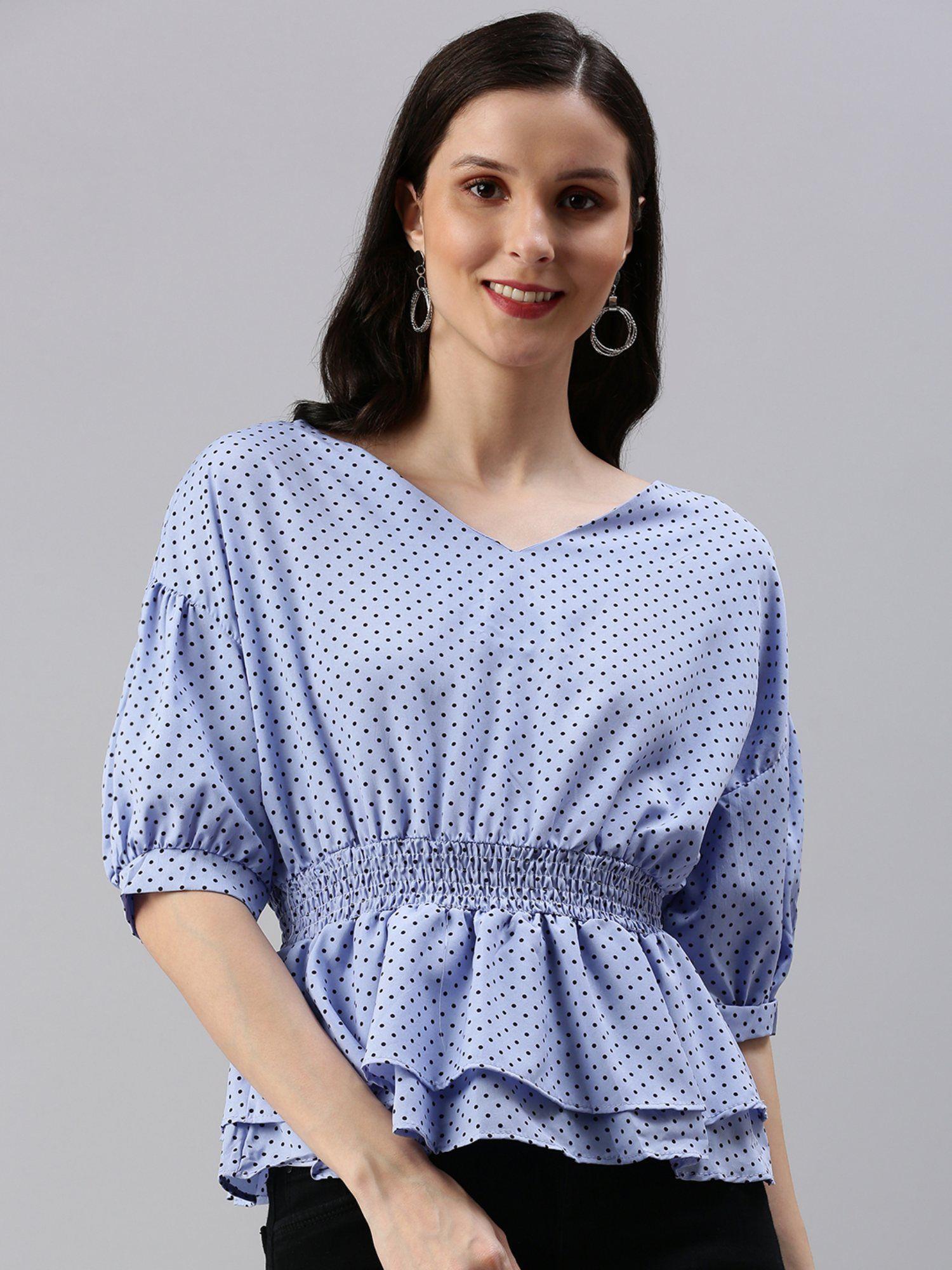 women's polka dots peplum blue v-neck top
