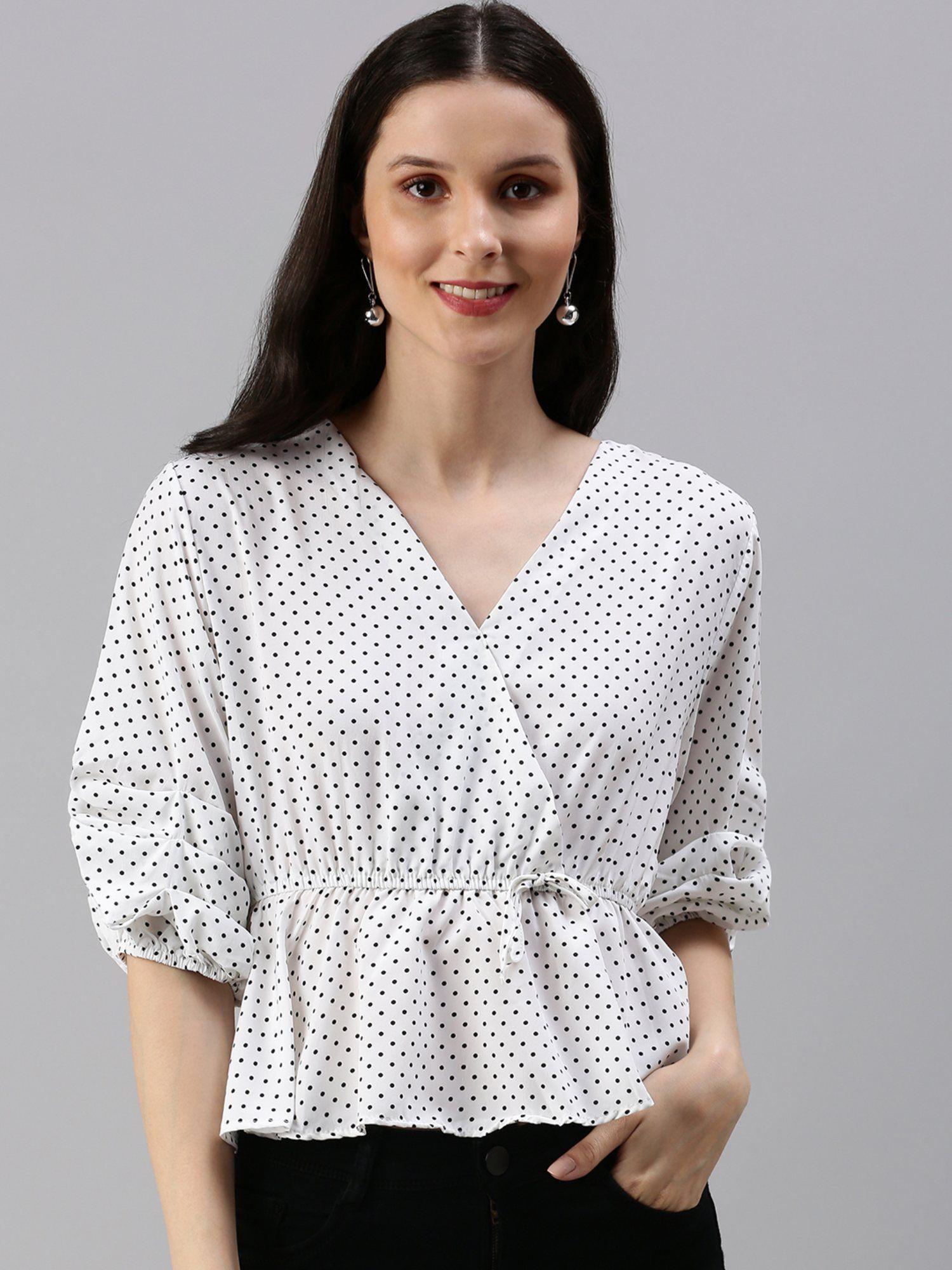 women's polka dots peplum white v-neck top