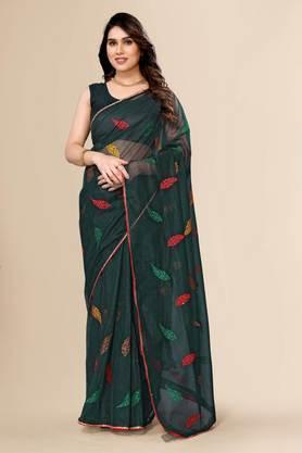 women's polyester and net embroidered and embellished bollywood sari with blouse piece - bottle green