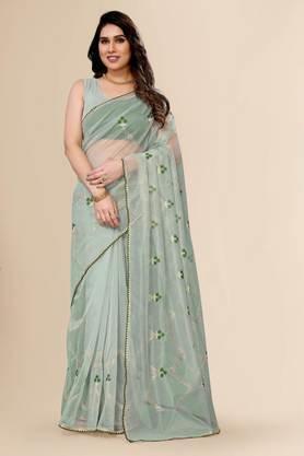 women's polyester and net embroidered and embellished bollywood sari with blouse piece - green