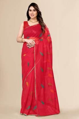 women's polyester and net embroidered and embellished bollywood sari with blouse piece - red