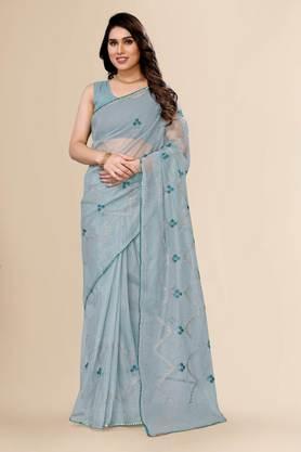 women's polyester and net embroidered and embellished bollywood sari with blouse piece - sea green