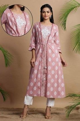 women's powder pink cambric printed jacket style kurta with tie-up dori & tassels - pink