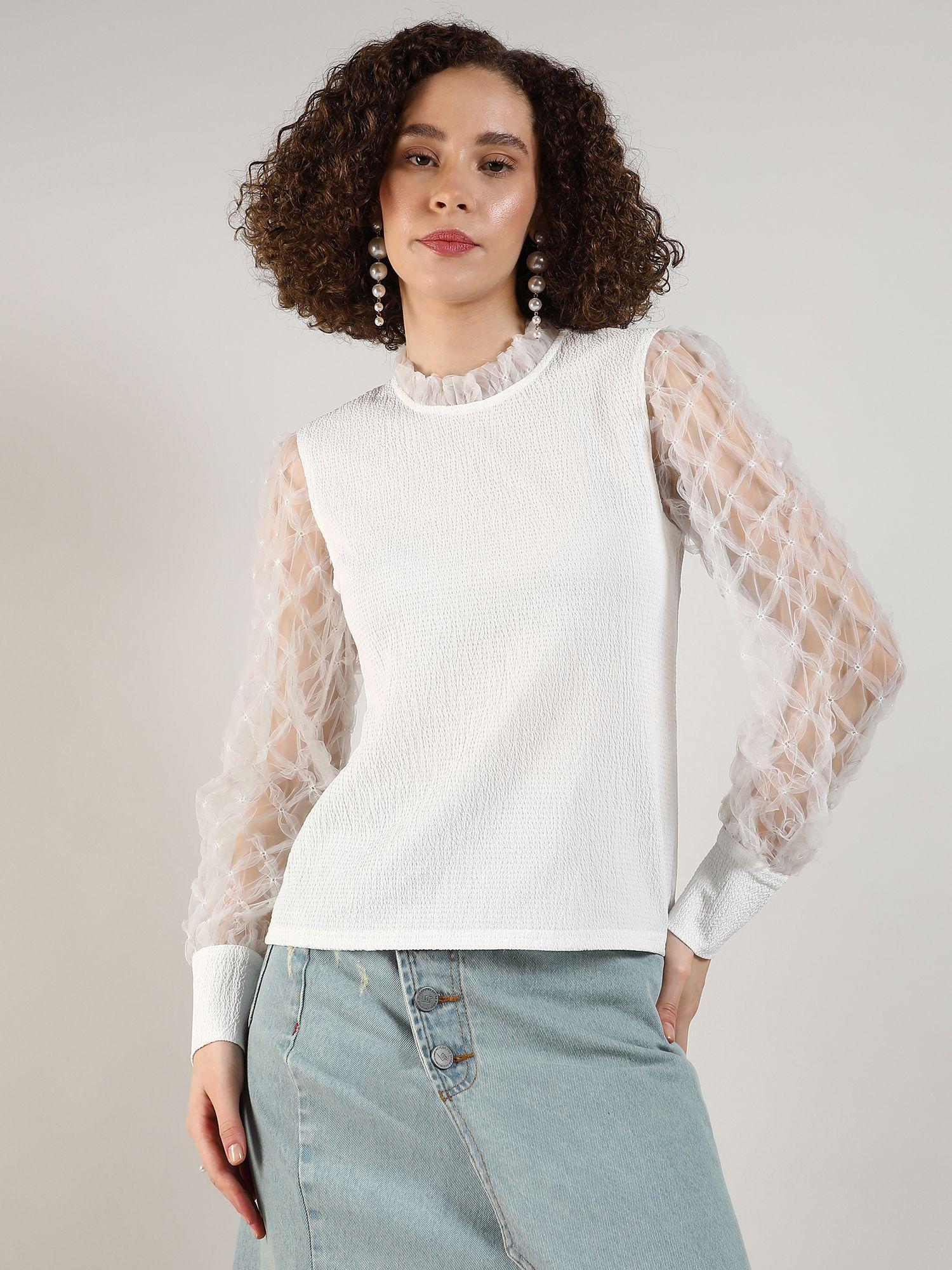 women's powder white sheer block top