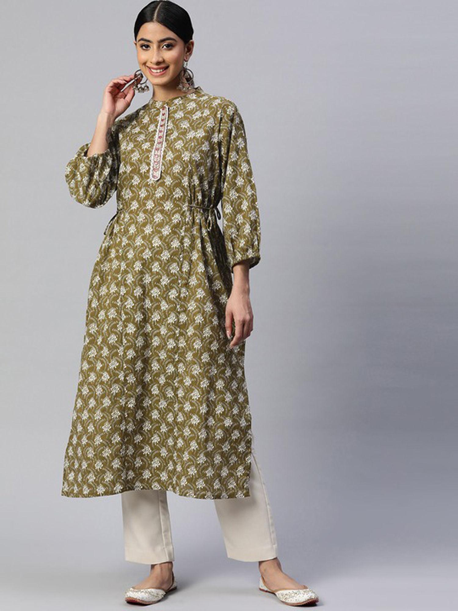 women's print & embroidered straight cotton green stitched kurta