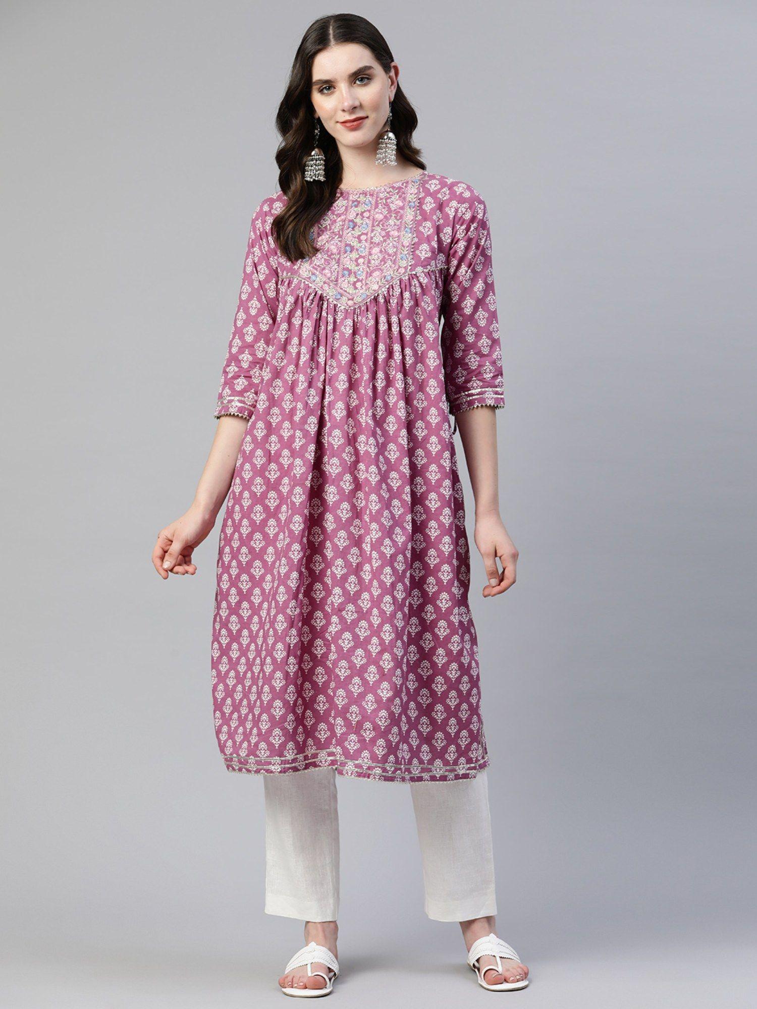 women's print and embroidered a line cotton mauve stitched kurta