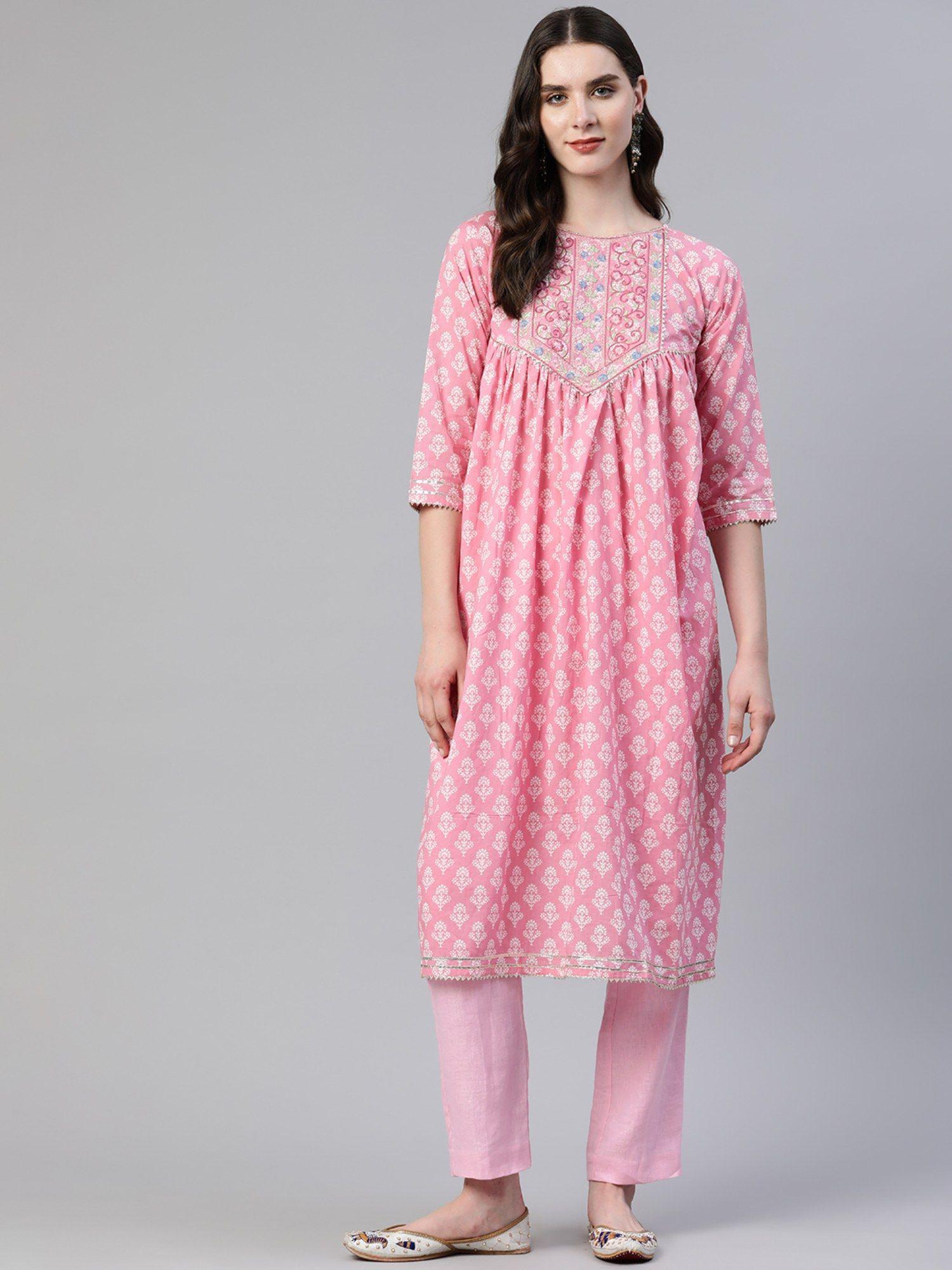 women's print and embroidered a line cotton pink stitched kurta