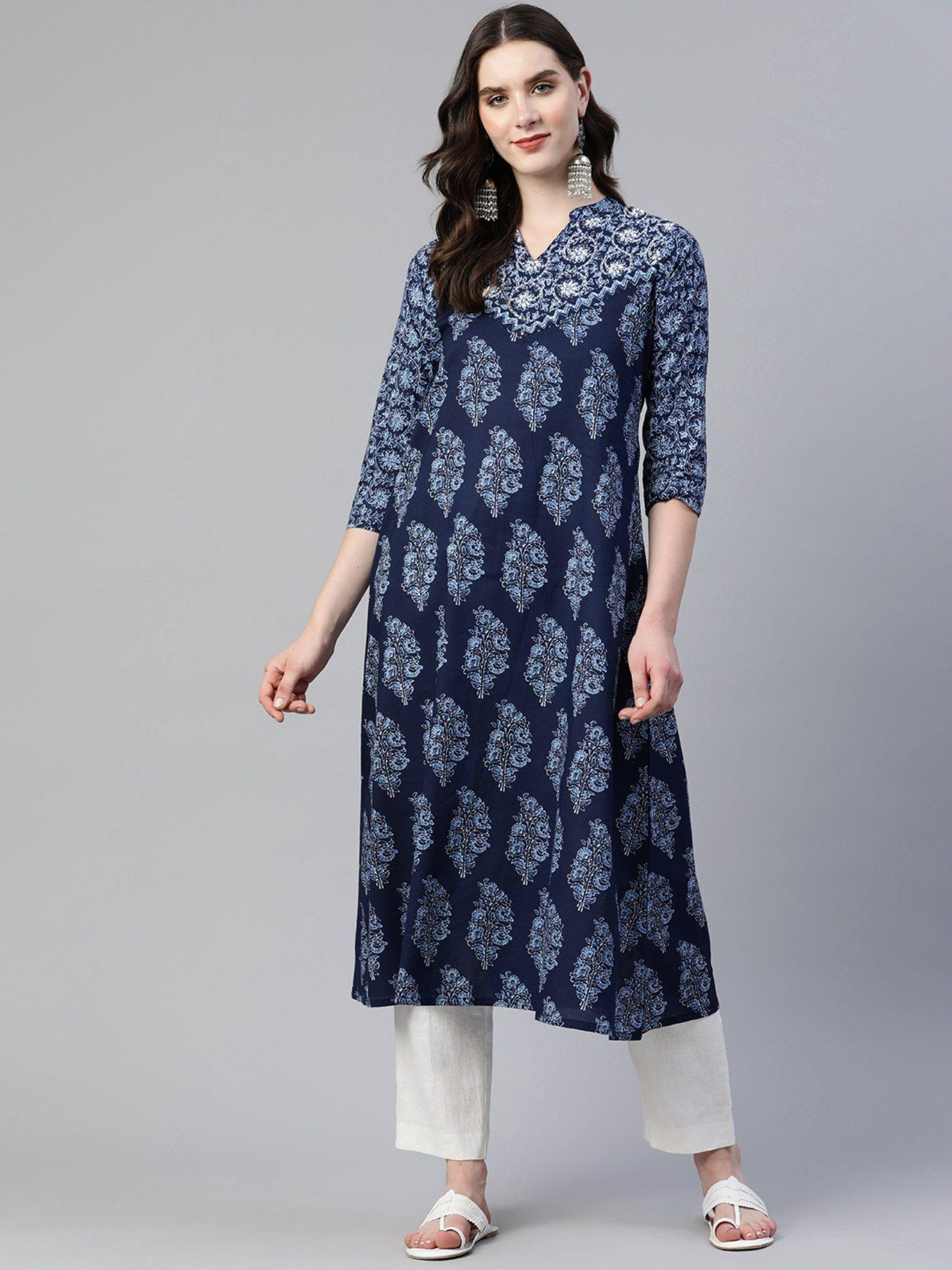 women's print and hand work a line cotton blue stitched kurta