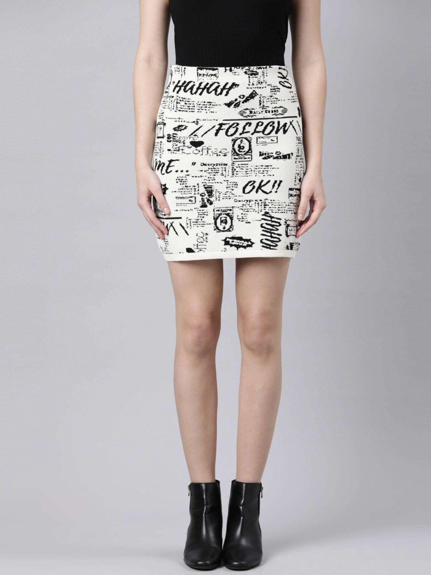 women's printed cream pencil mini skirt