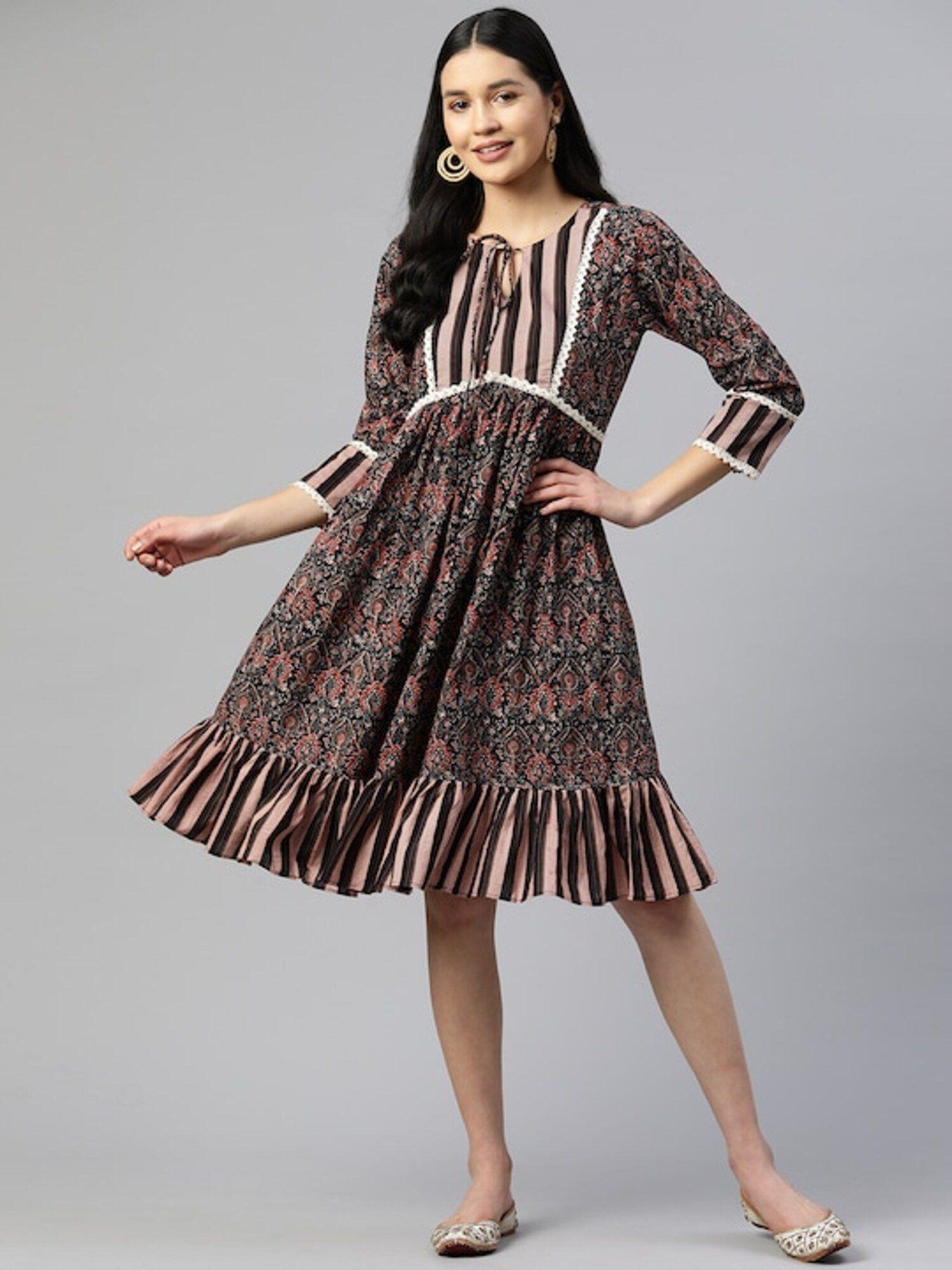 women's printed flared cotton black stitched dress