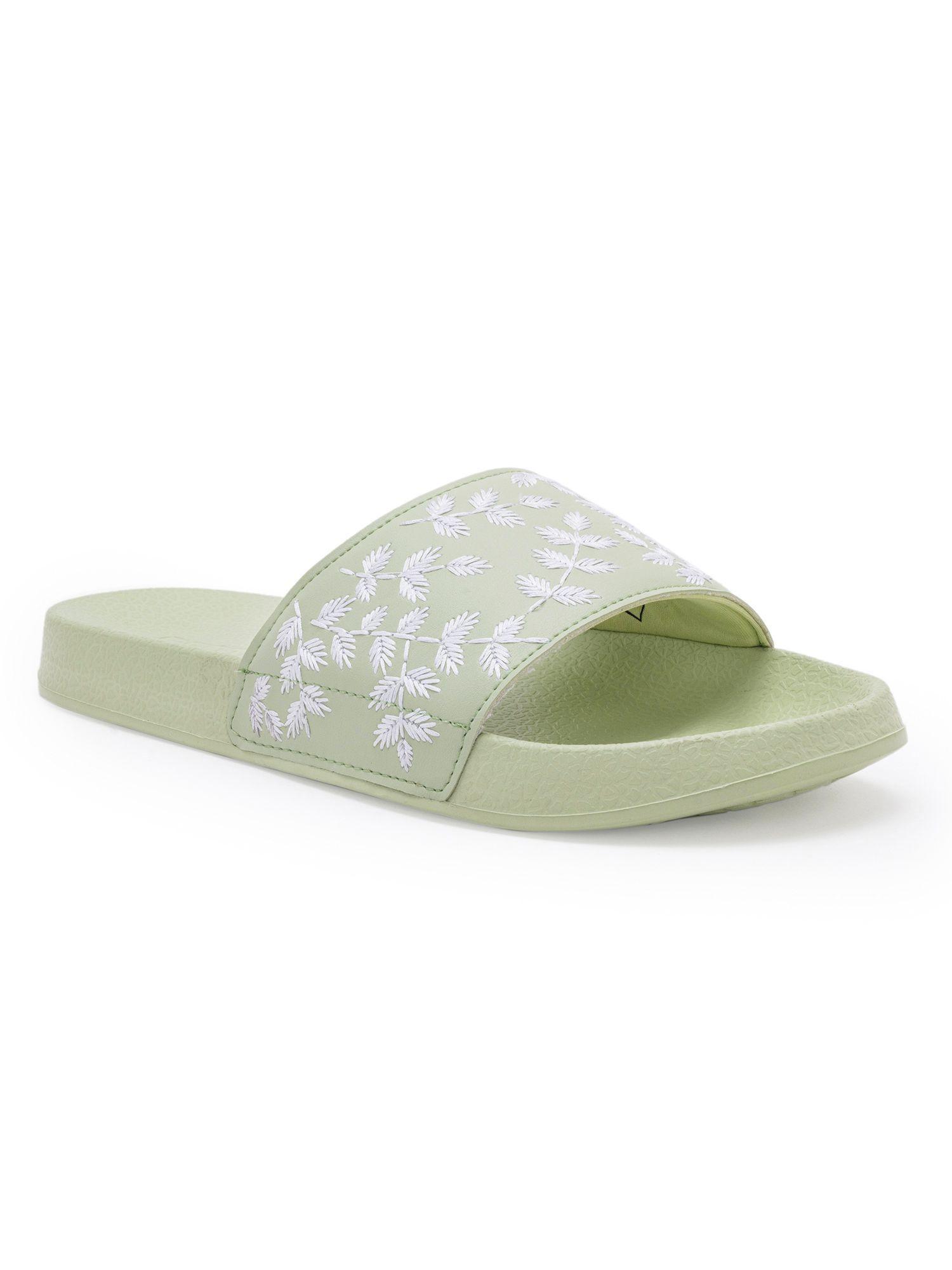 women's printed green sliders