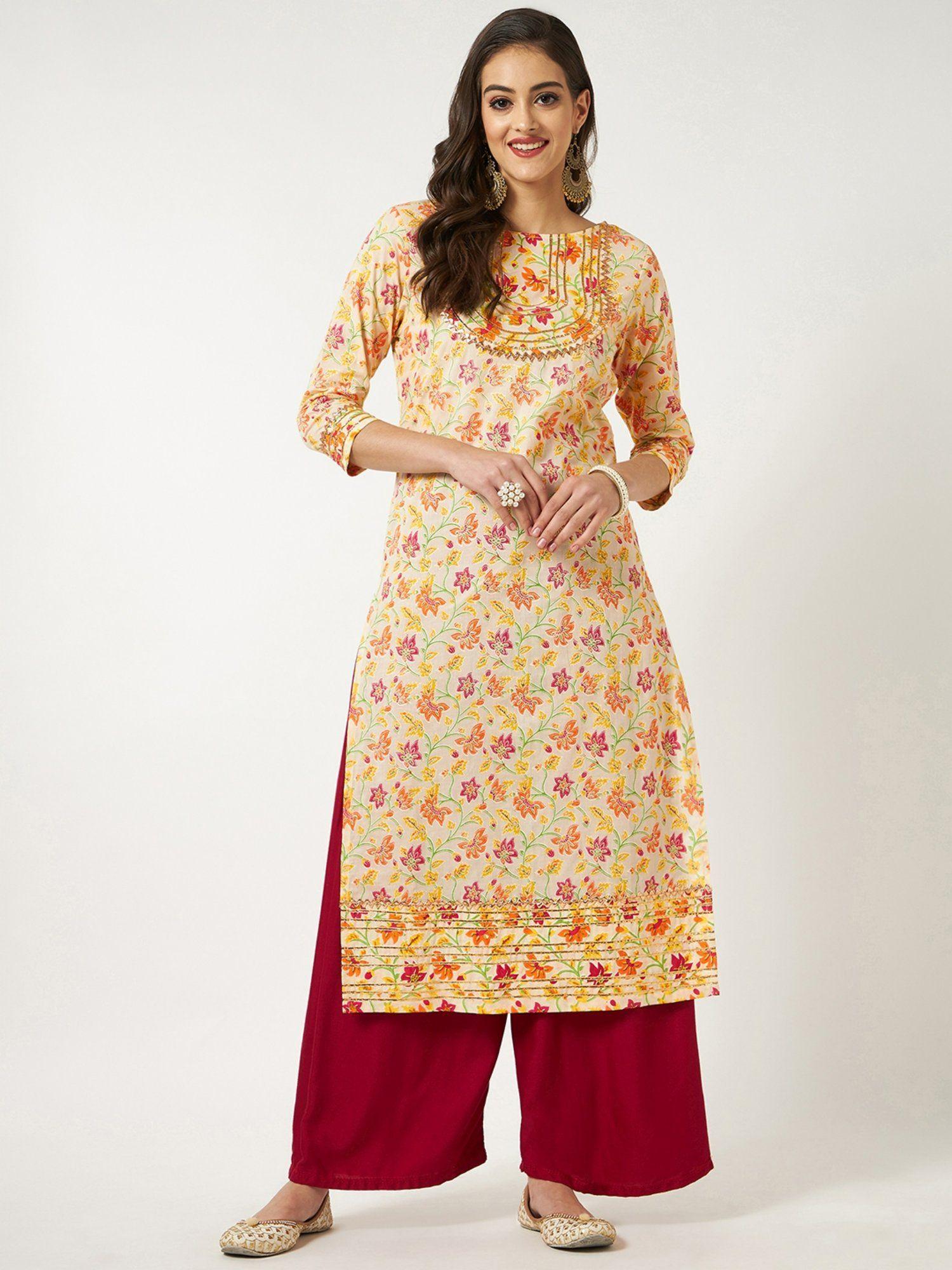 women's printed kurta with gold lace details