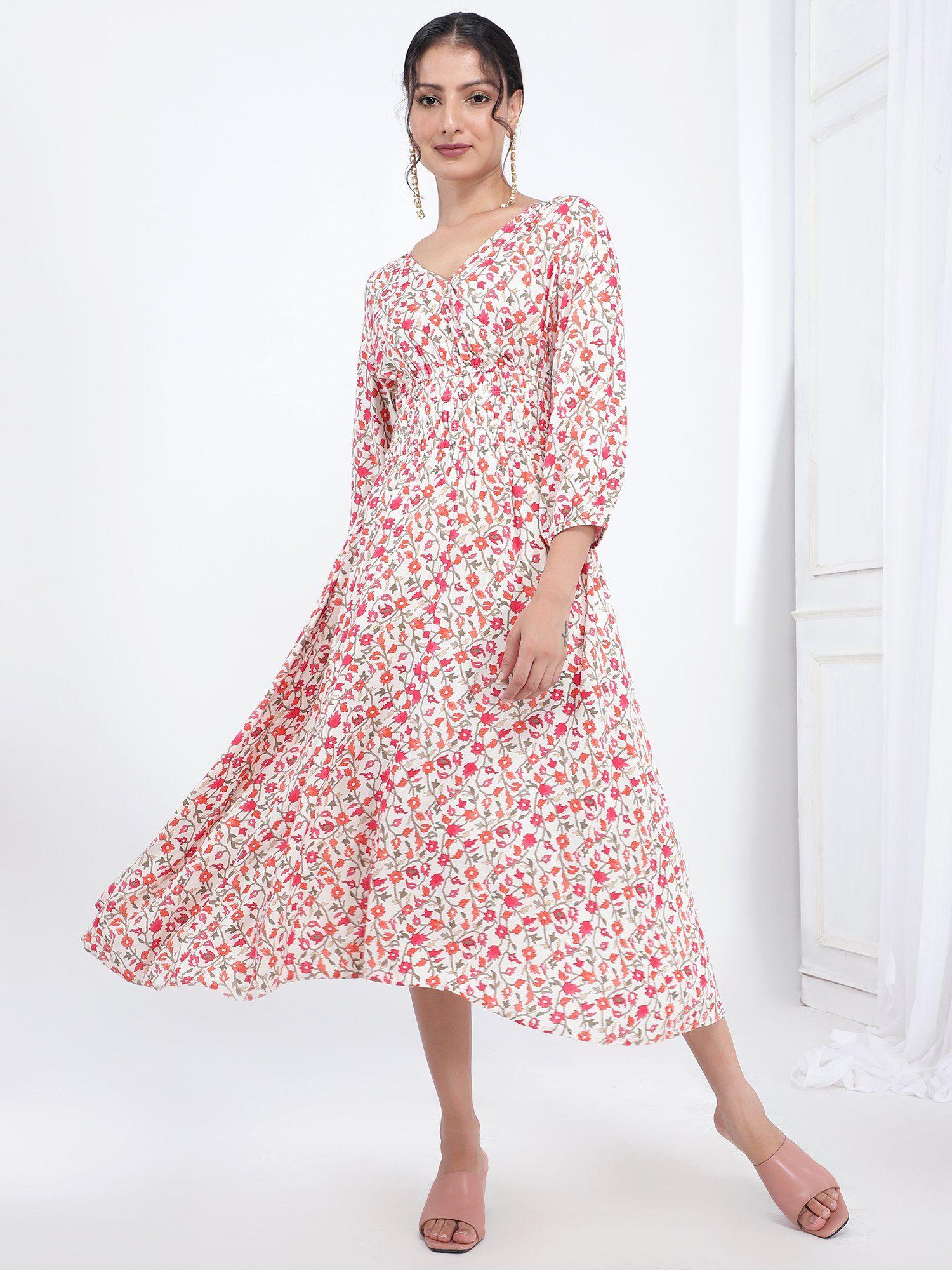 women's printed midi dress-pink