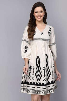 women's printed rayon flared ethnic dress - off white