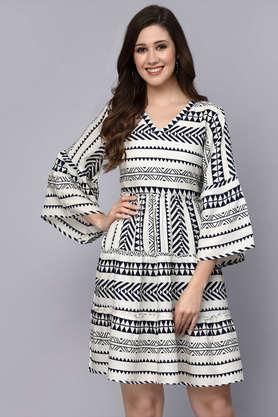 women's printed rayon tiered ethnic dress - navy