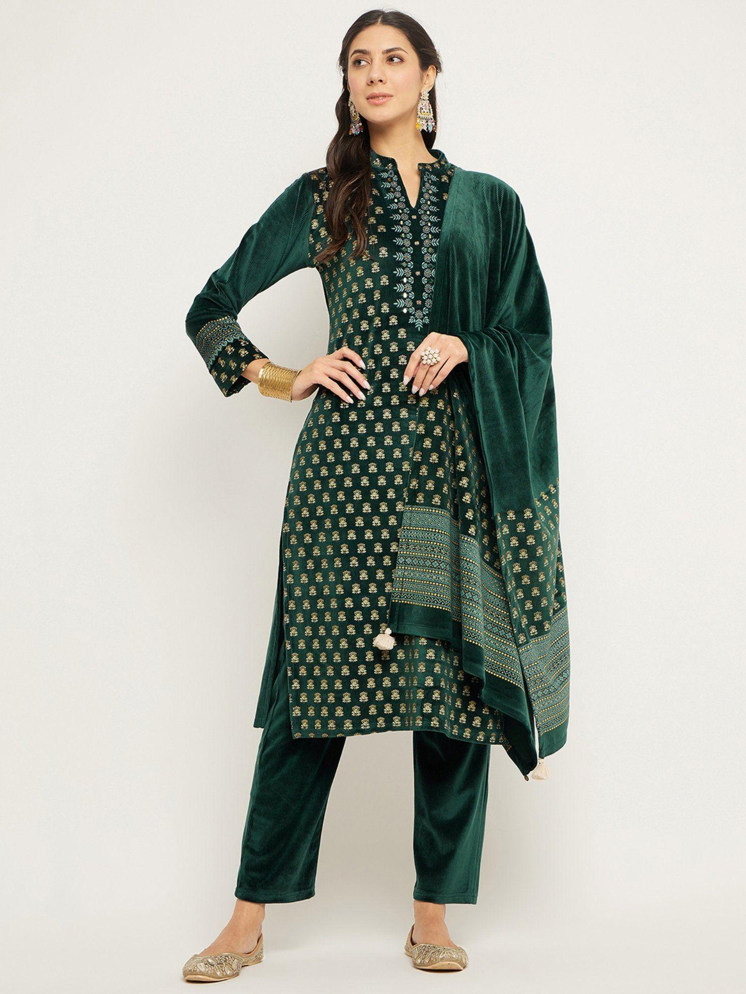 women's printed velvet kurta with pant & dupatta green (set of 3)