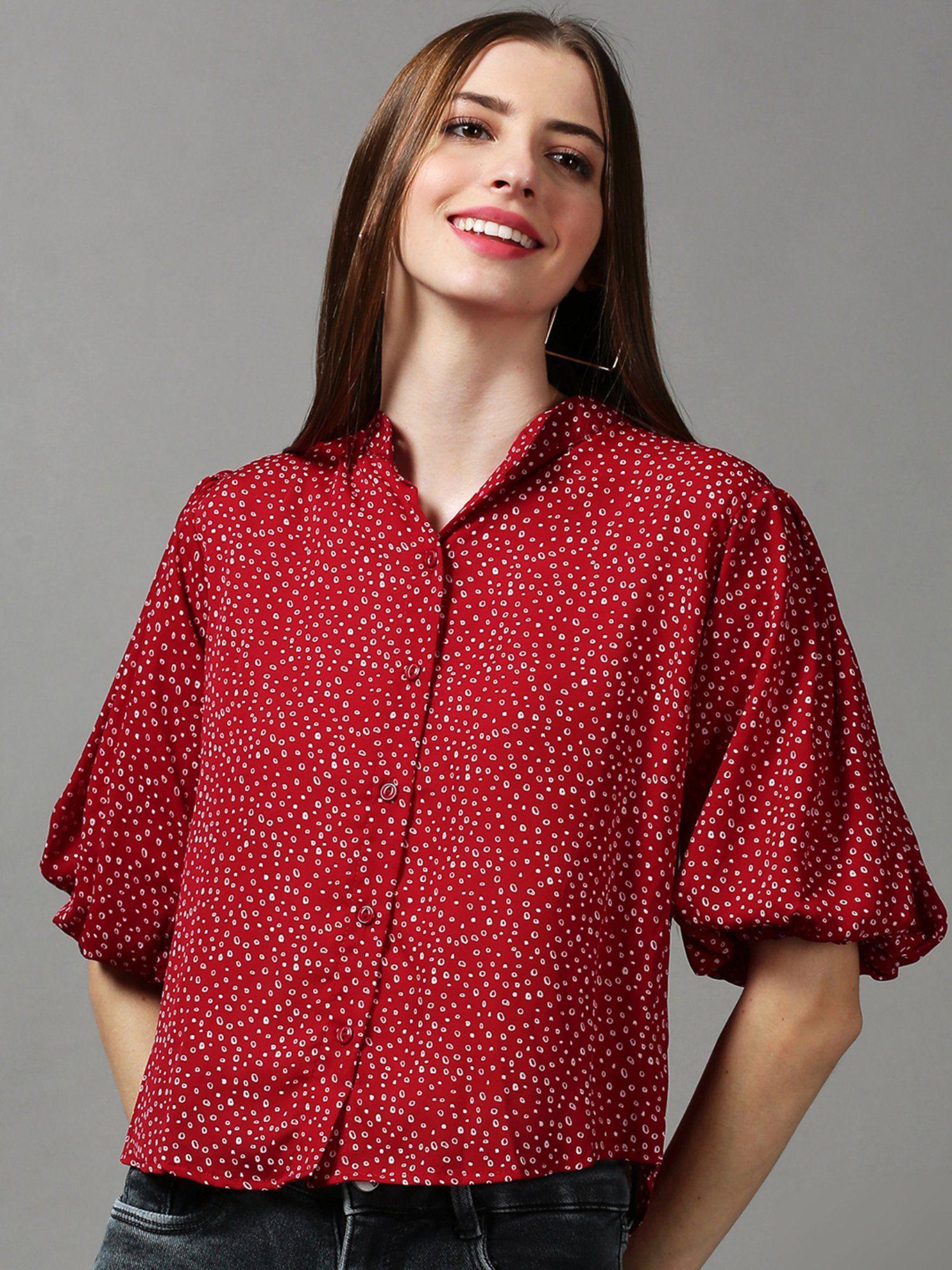 women's puff sleeves abstract maroon blouson top