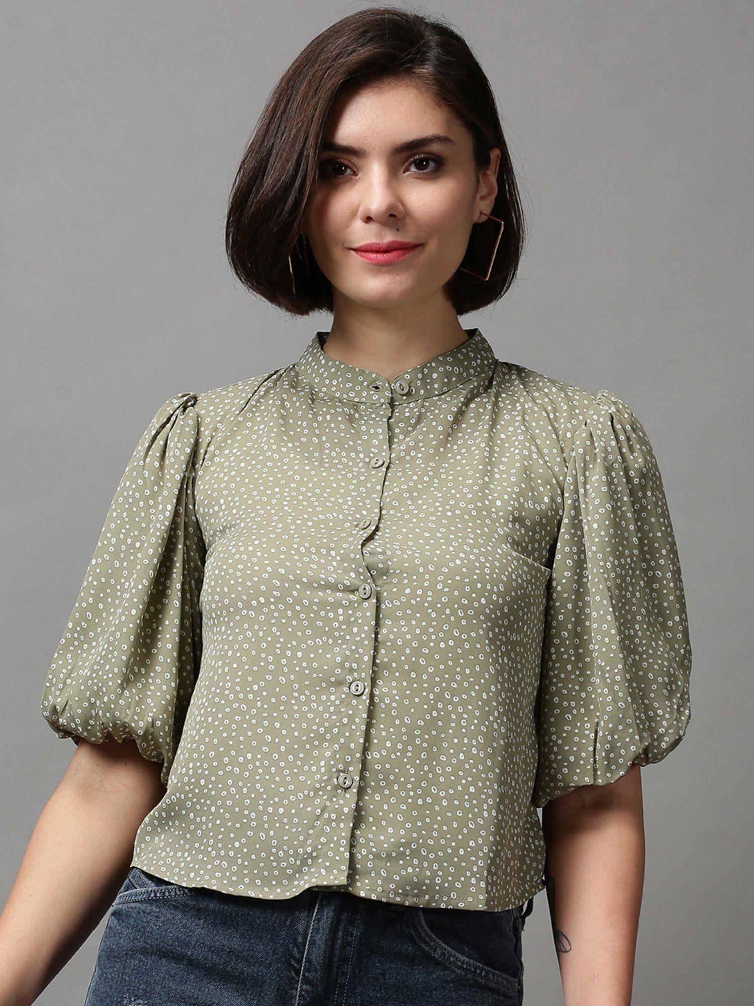 women's puff sleeves abstract olive blouson top