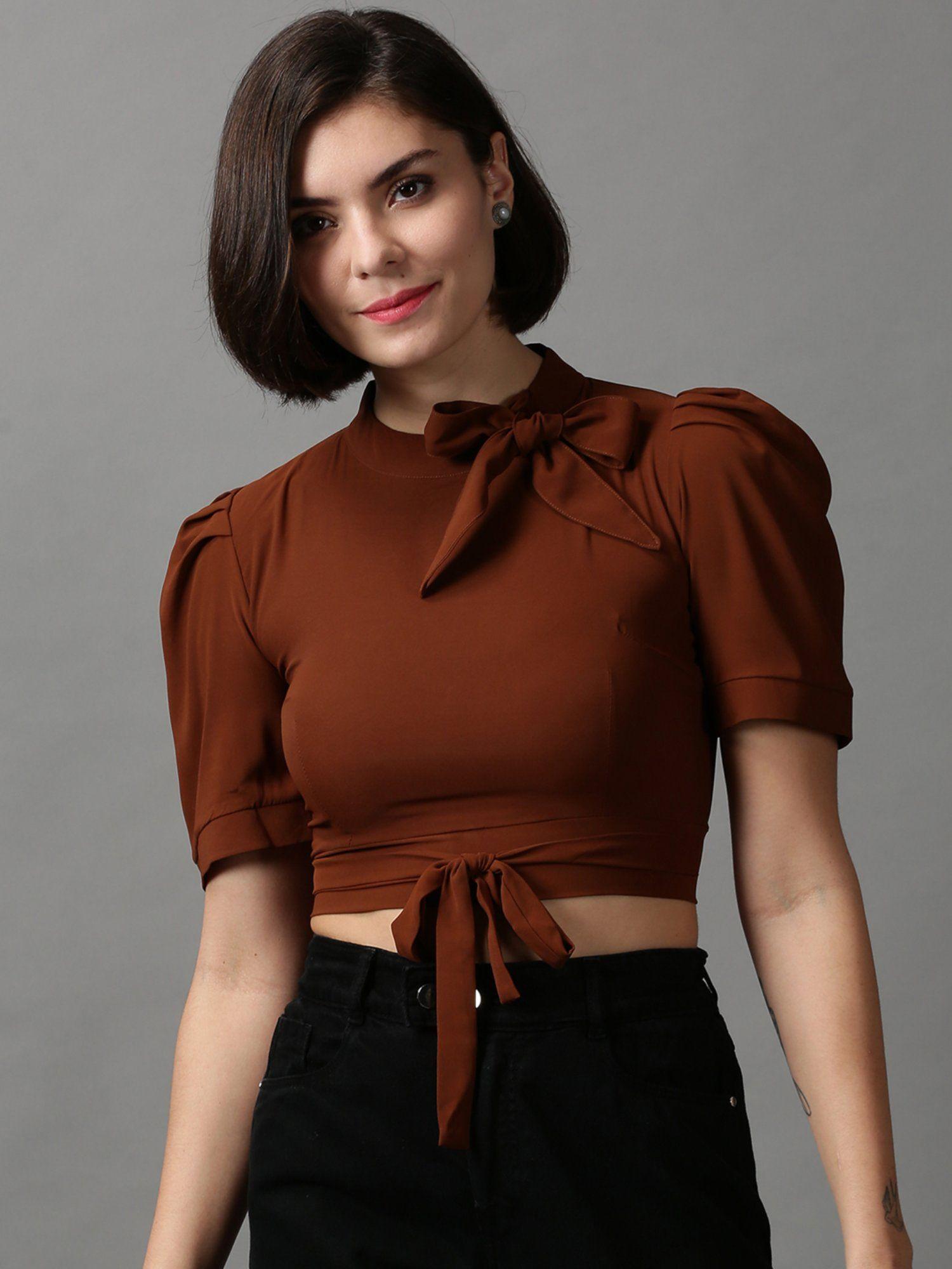 women's puff sleeves solid brown blouson top