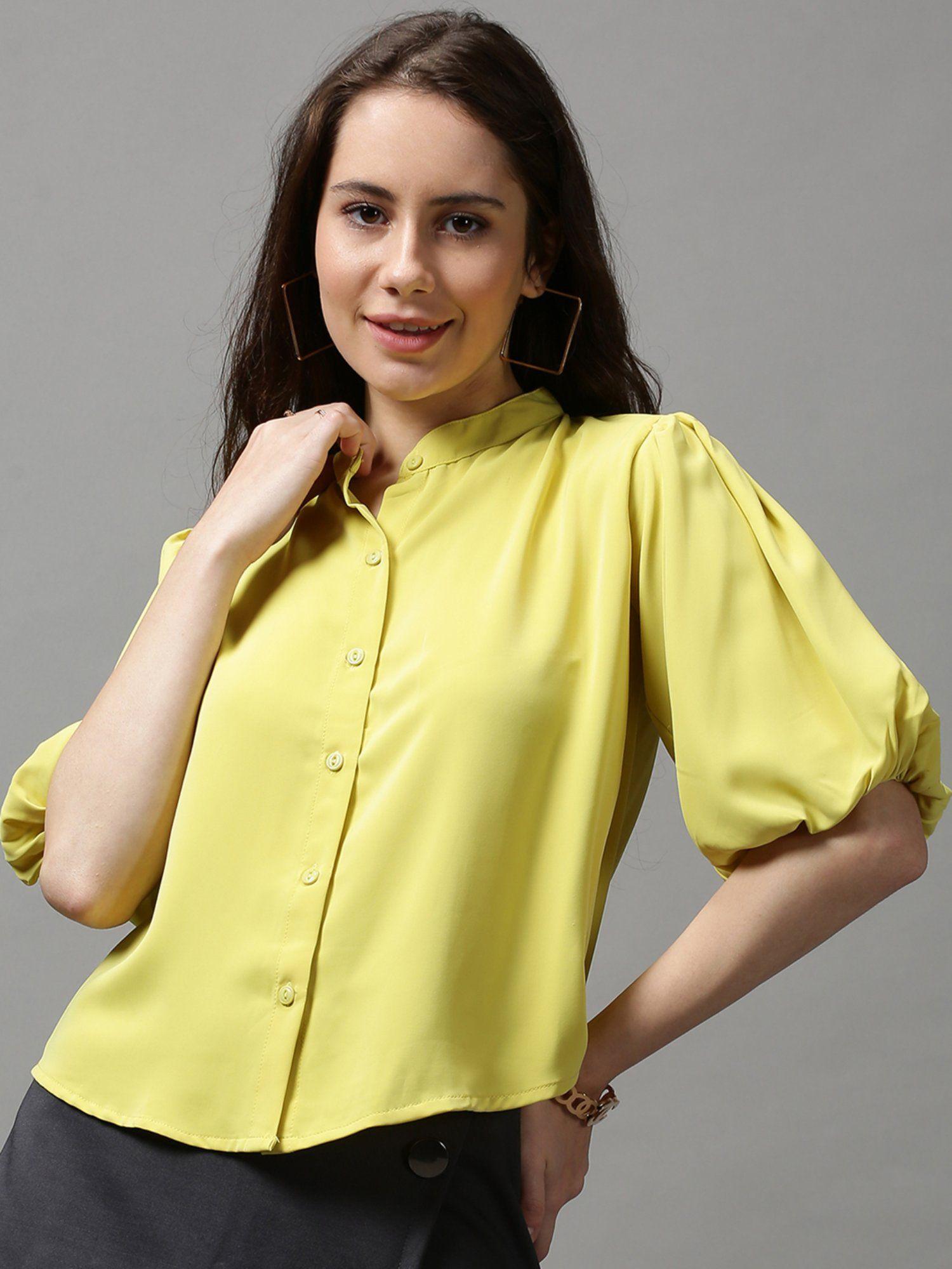 women's puff sleeves solid yellow blouson top