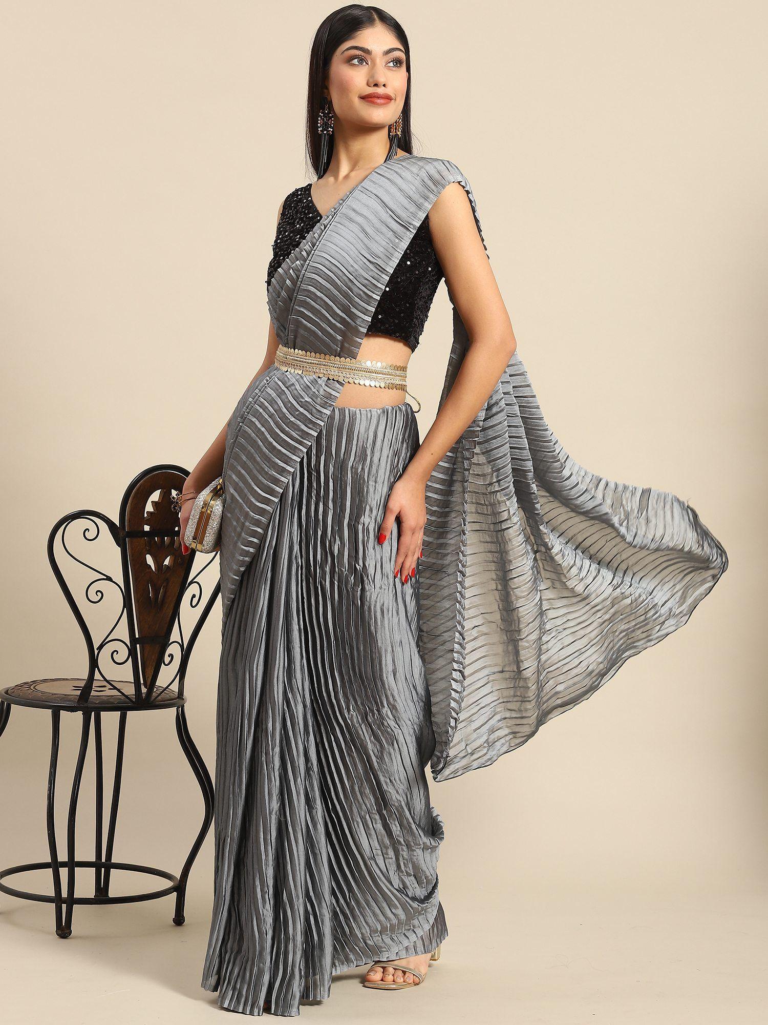 women's pure crepe grey solid designer saree with unstitched blouse