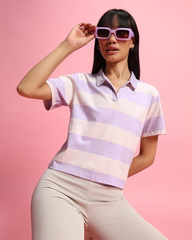 women's purple & pink stripe polo t-shirt