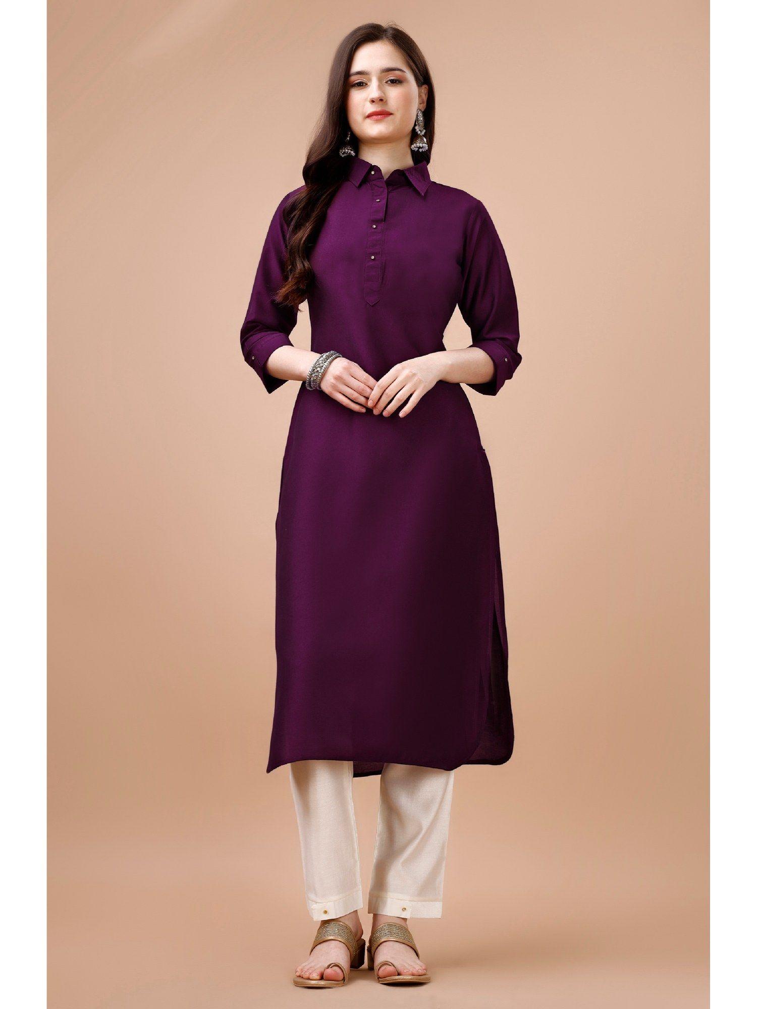 women's purple chinon silk solid calf length straight pathani kurta