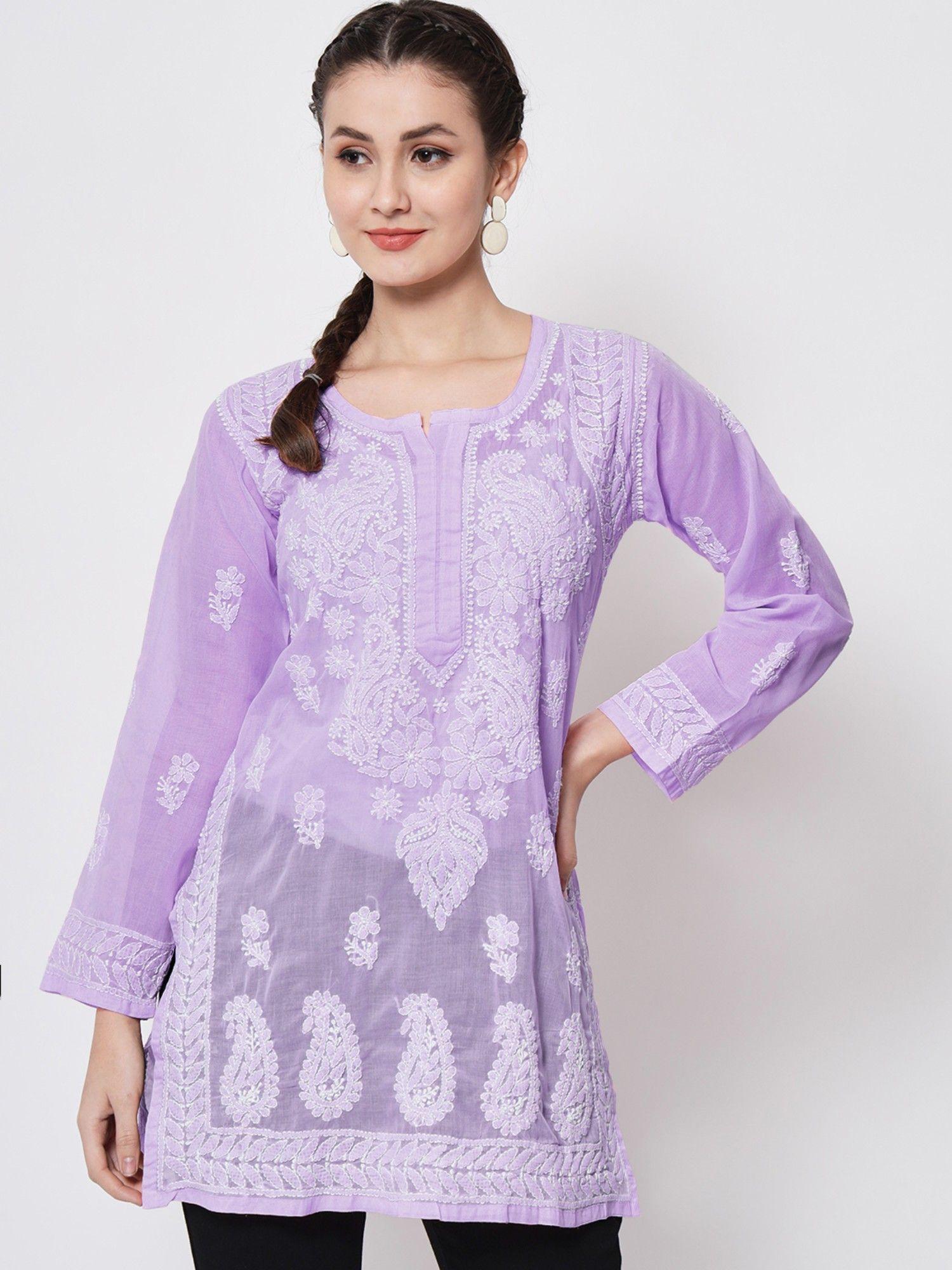 women's purple hand embroidered lucknowi chikankari cotton tunic