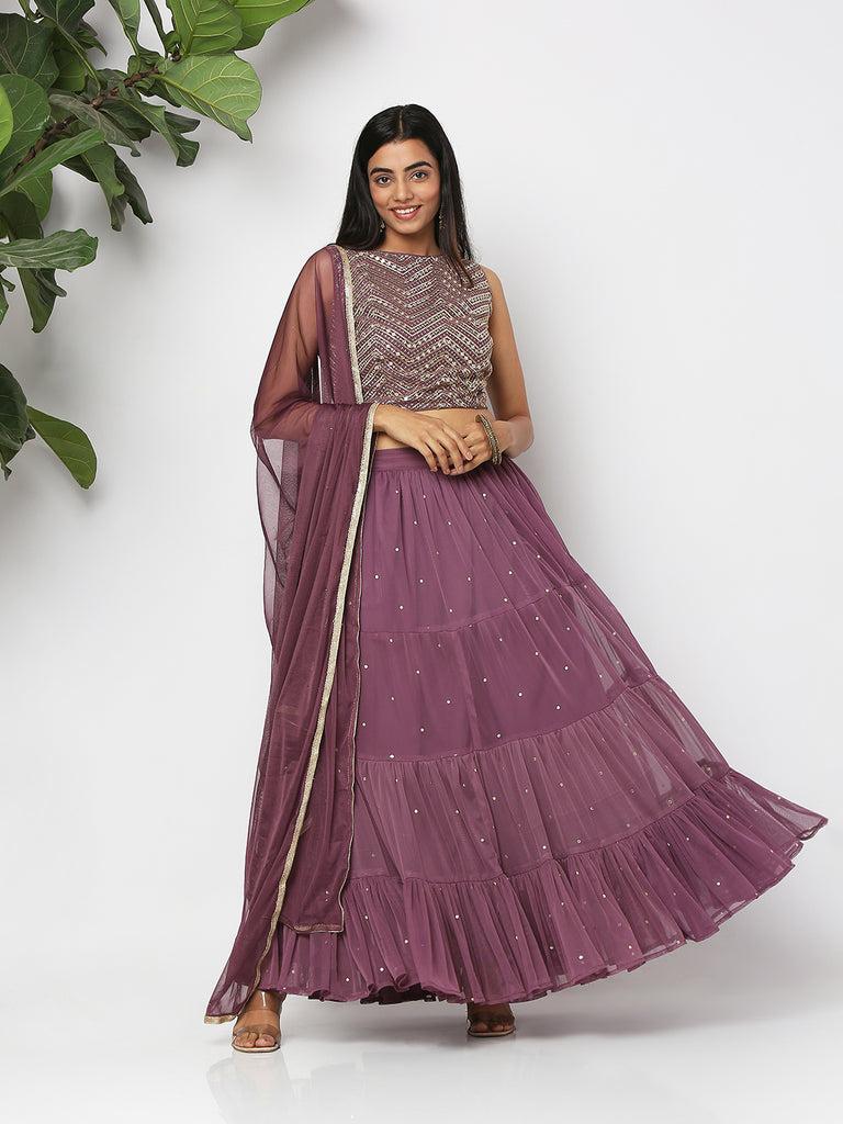 women's purple polyester georgette embellished ethnic sets