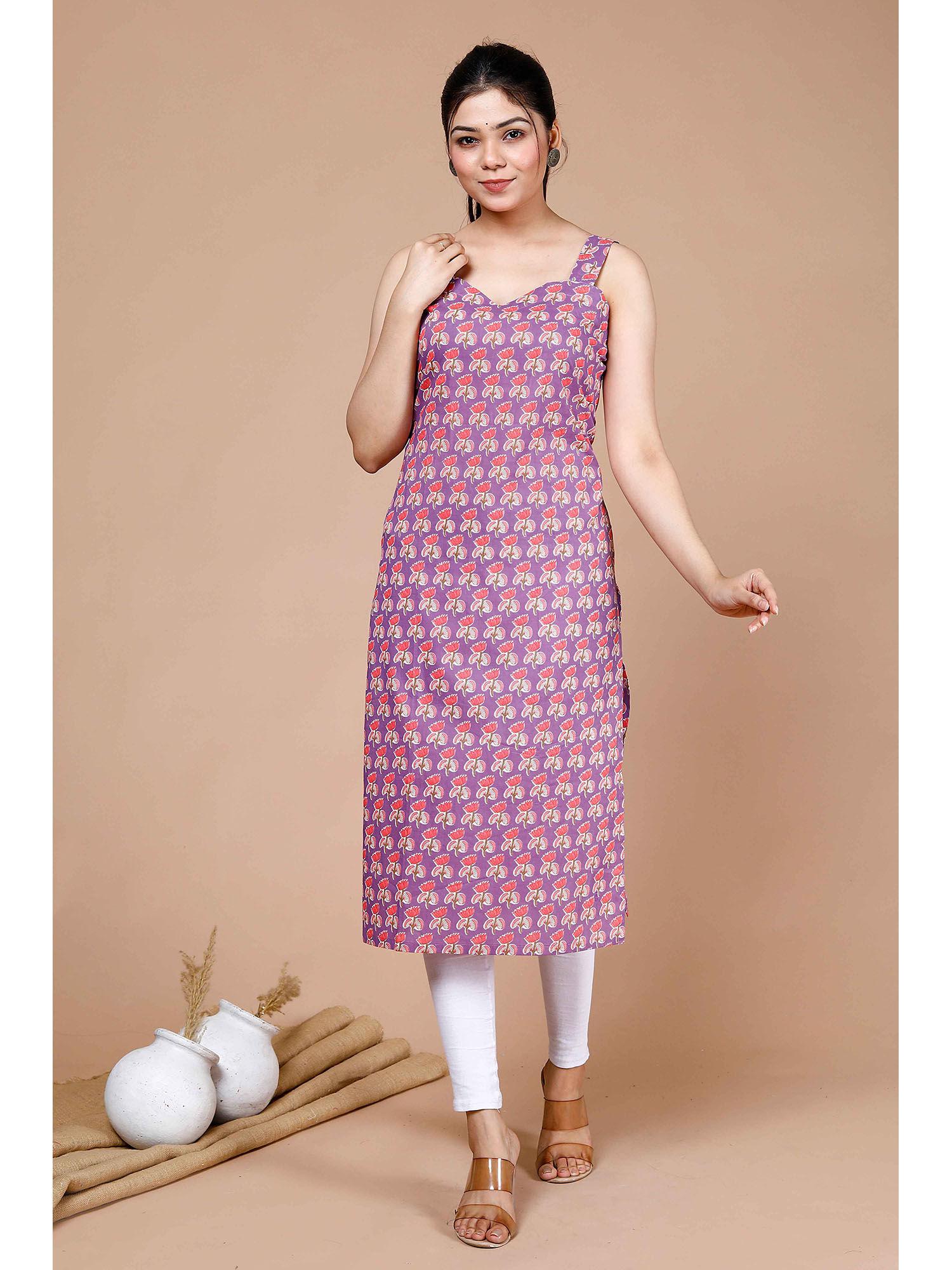 women's purple printed strappy straight kurta