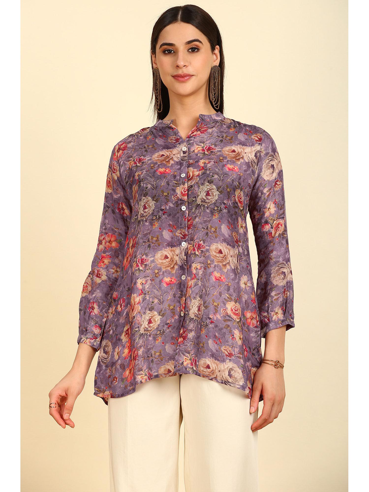 women's purple viscose floral print tunic