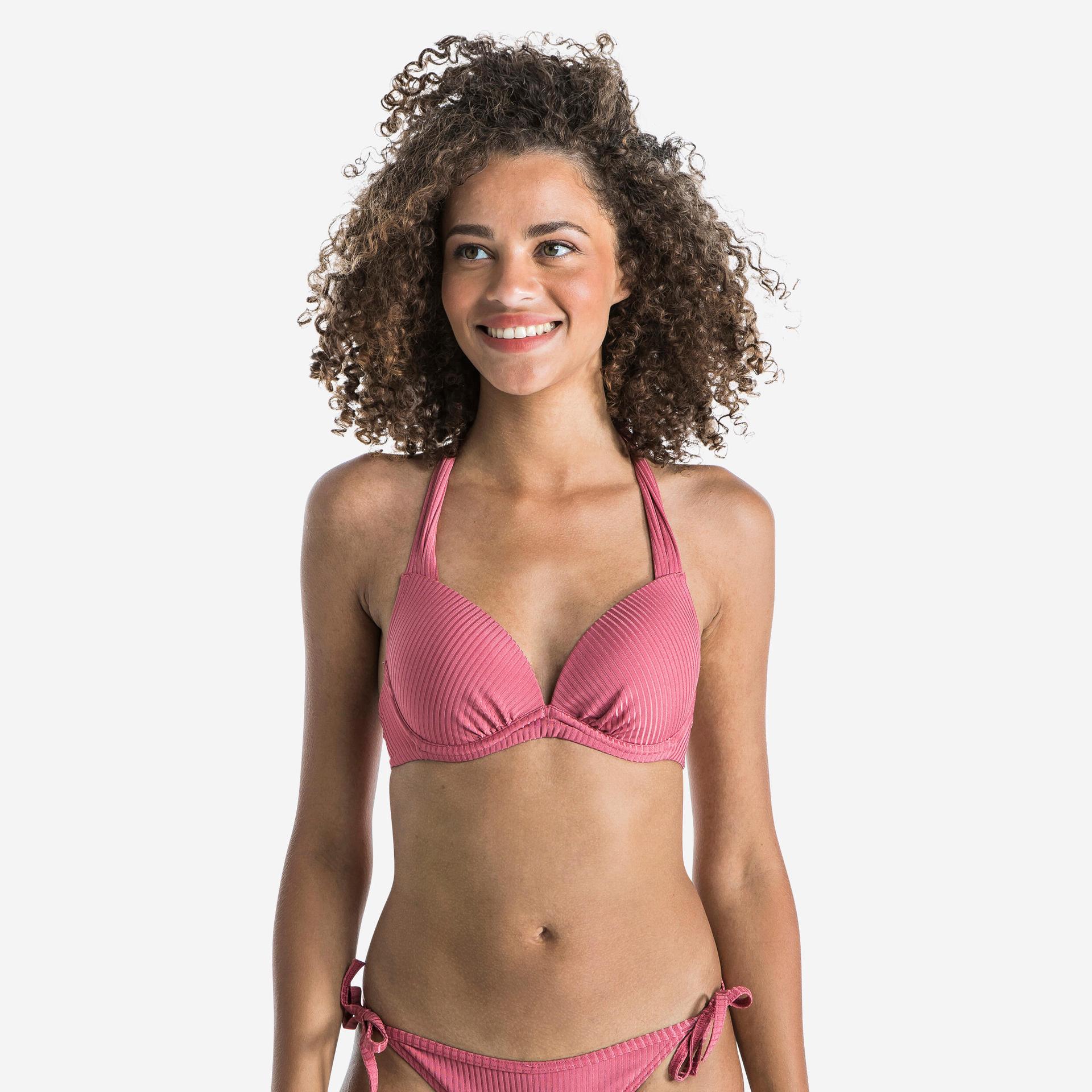 women's push-up swimsuit top with fixed padded cups elena - ribbed plain pink