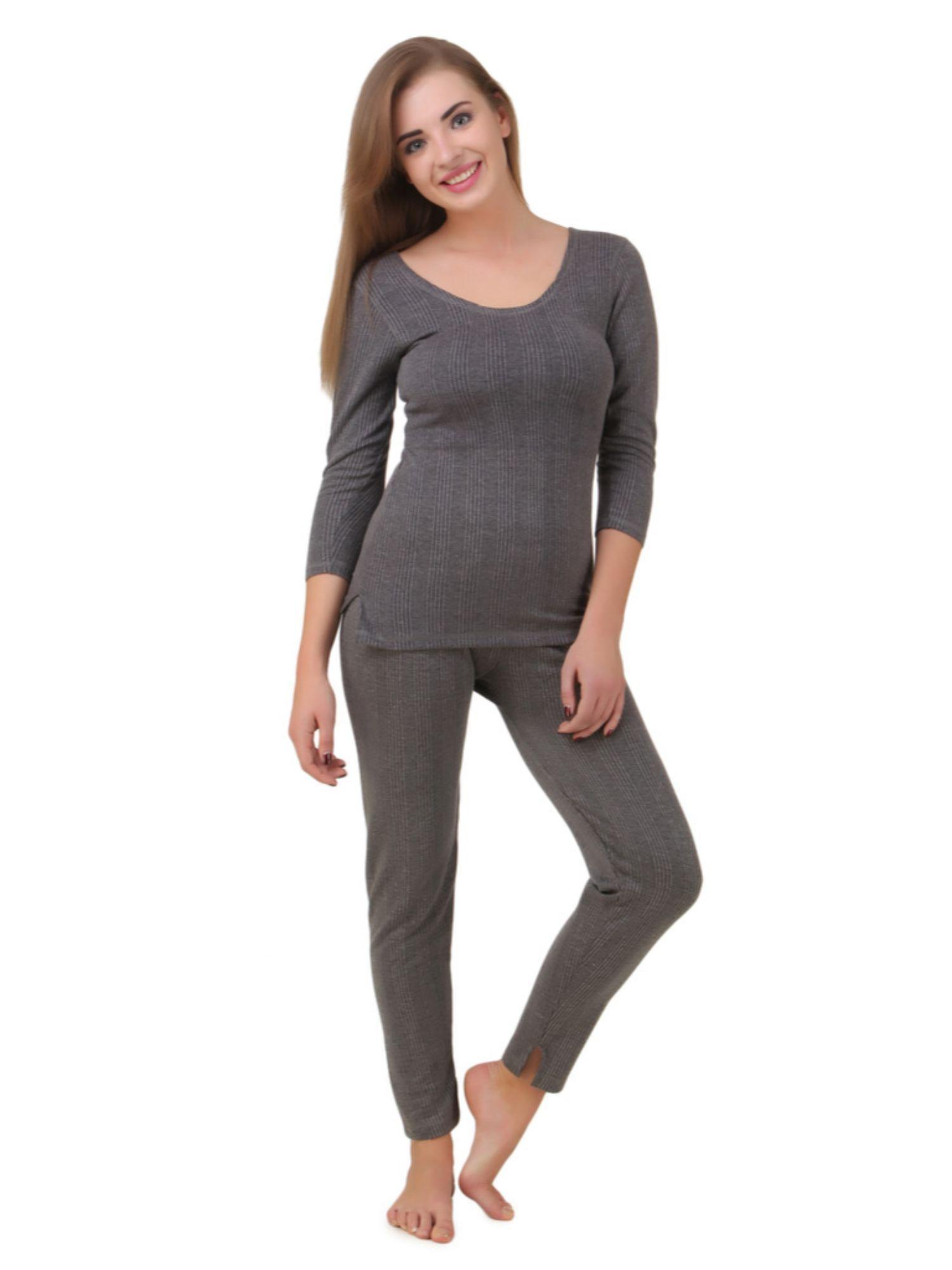 women's quilted thermal 3/4th sleeves top and trouser set - set of 2 - charcoal grey