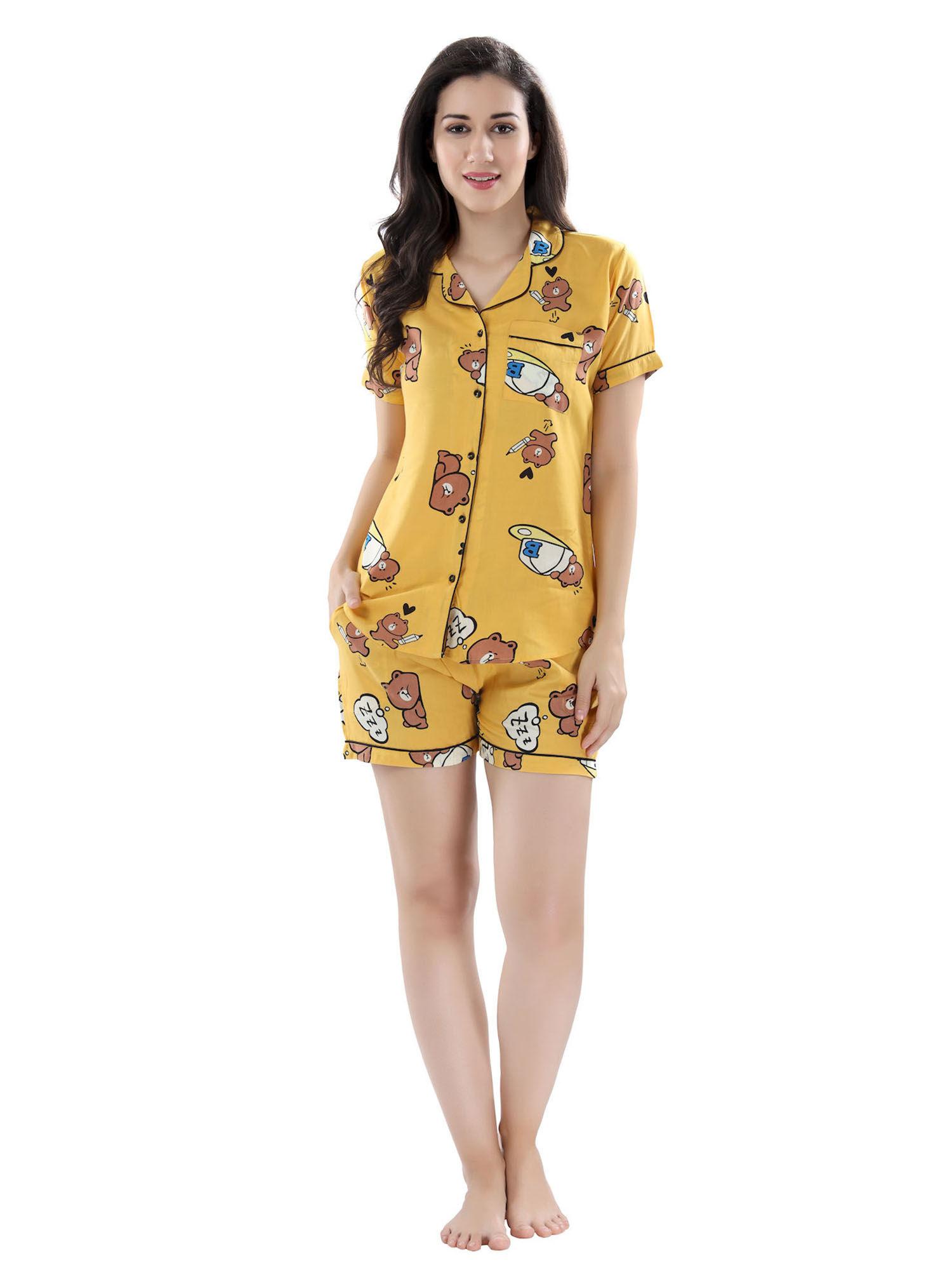 women's rayon cotton shorts nightsuit set - yellow