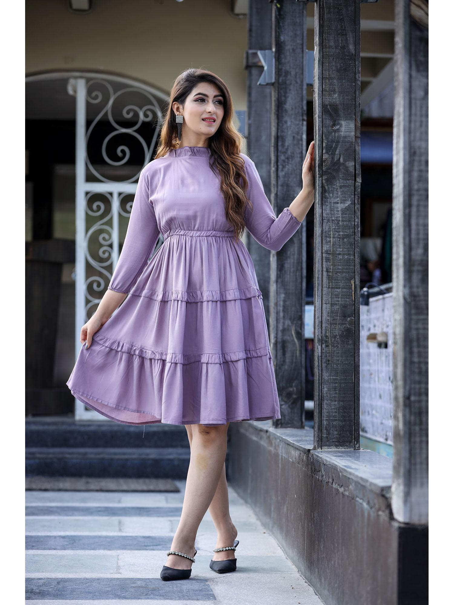 women's rayon knee length solid round purple skater dress