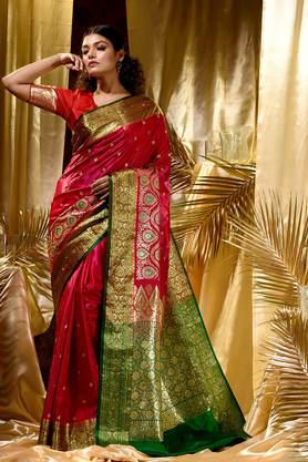 women's red banarasi satin silk saree with stone work with blouse piece - red
