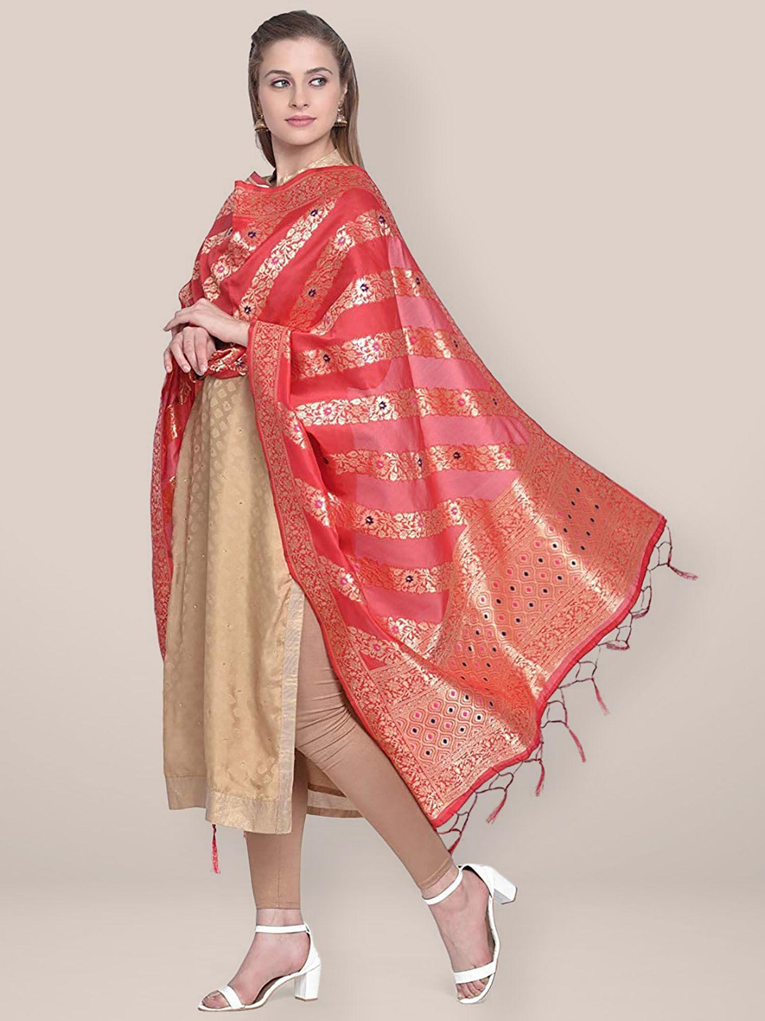 women's red banarasi silk dupatta with floral weaving