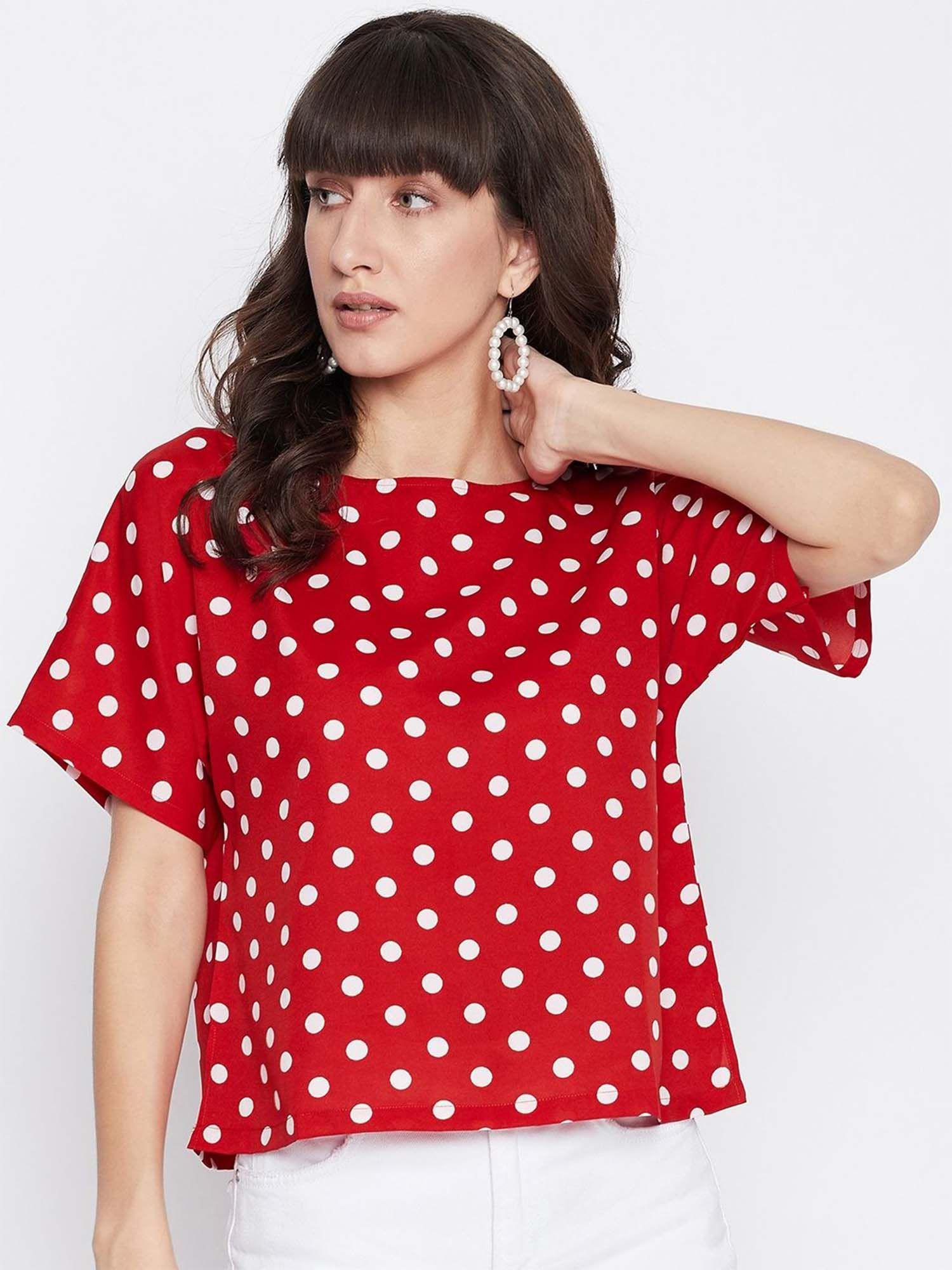 women's red crepe polka dot boxy top