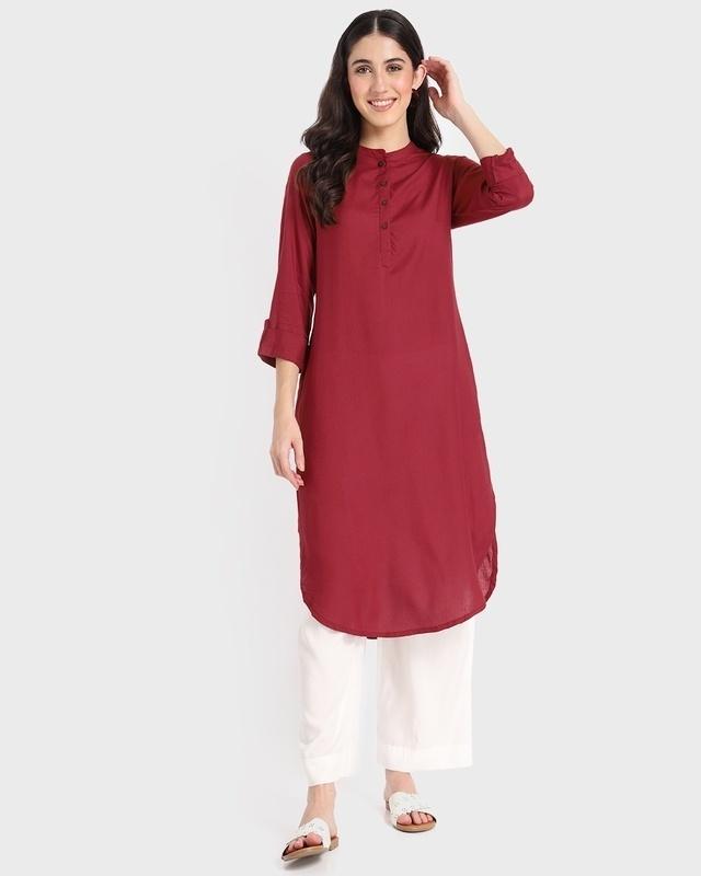 women's red dahlia mandarin collar 3/4th sleeve long kurta