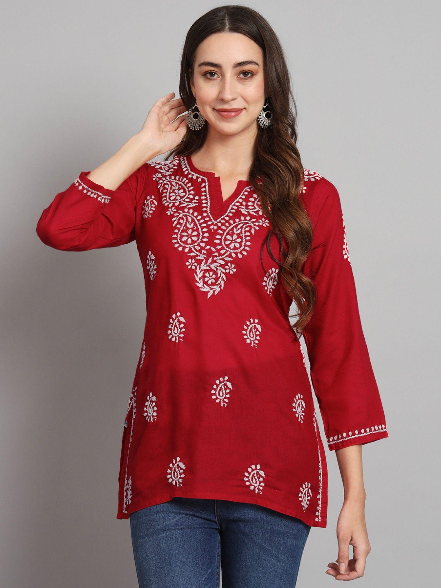 women's red ethnic motifs hand embroidered chikankari cotton tunic