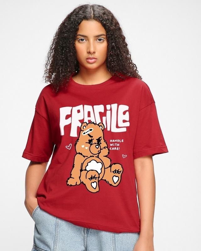 women's red fragile graphic printed oversized t-shirt