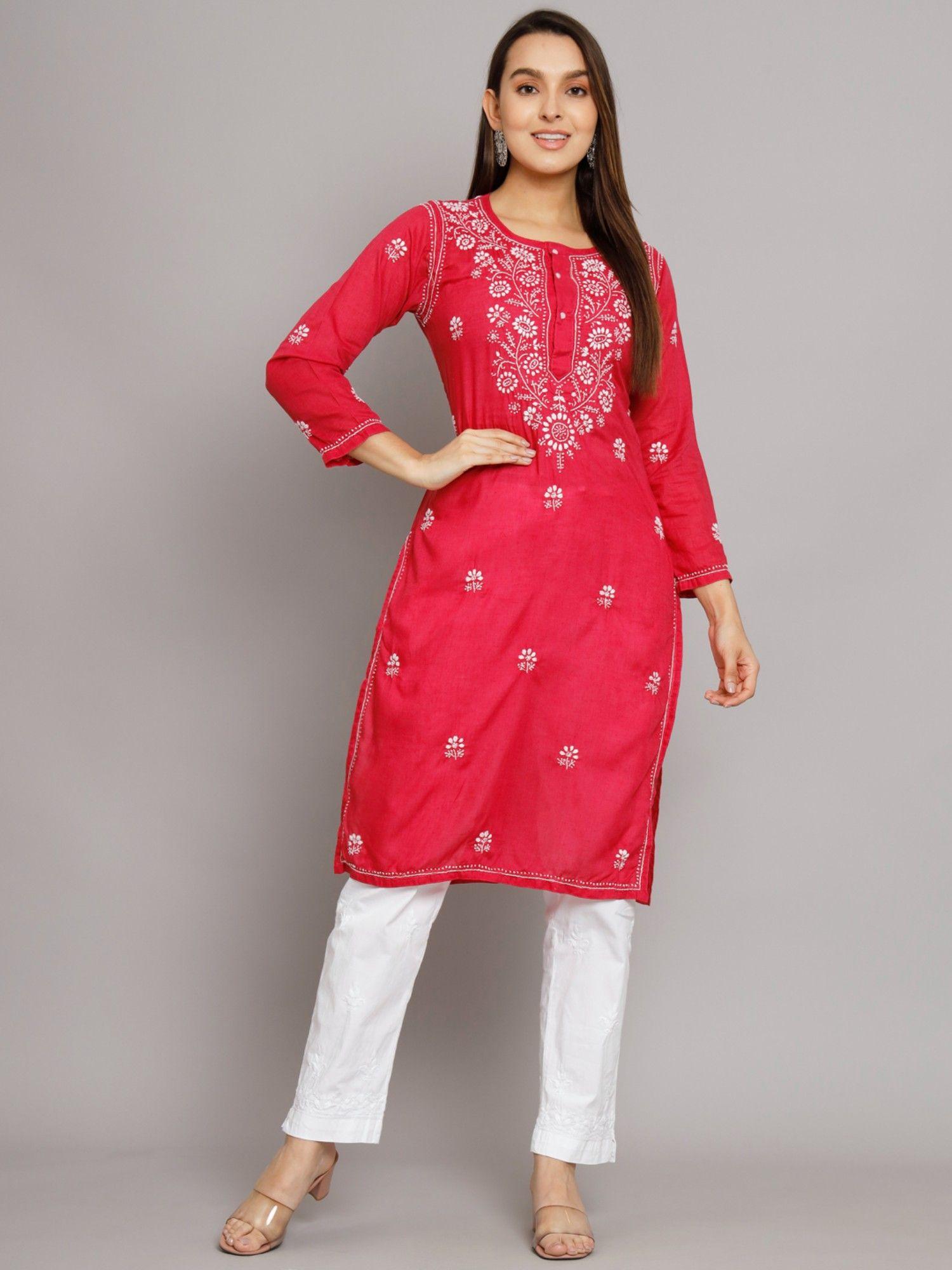 women's red hand embroidered chikankari cotton straight kurta